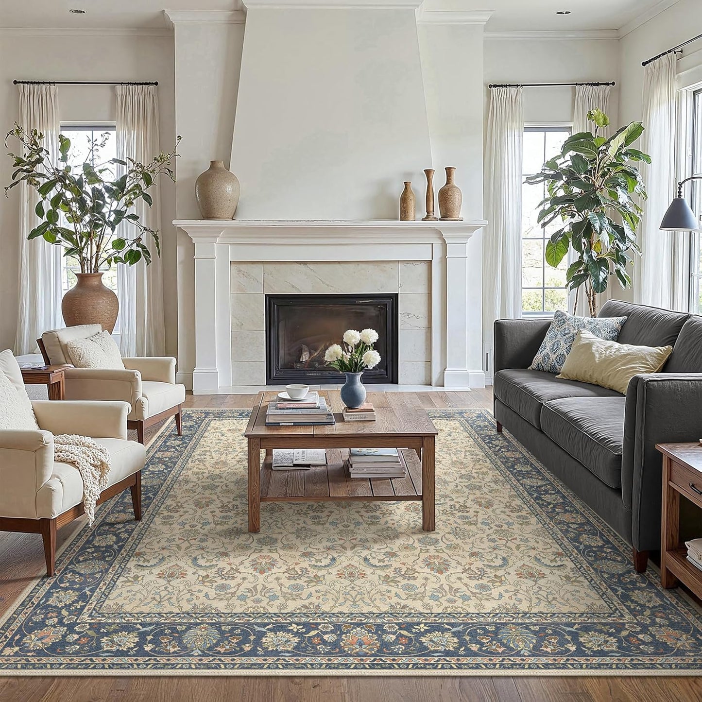 8X10 Area Rugs Machine Washable Rugs for Living Room, Vintage Boho Large Rugs for Bedroom Dining Room, Non Slip Indoor Soft Distressed Lightweight Thin Low Pile Carpet, Ivory Navy Blue