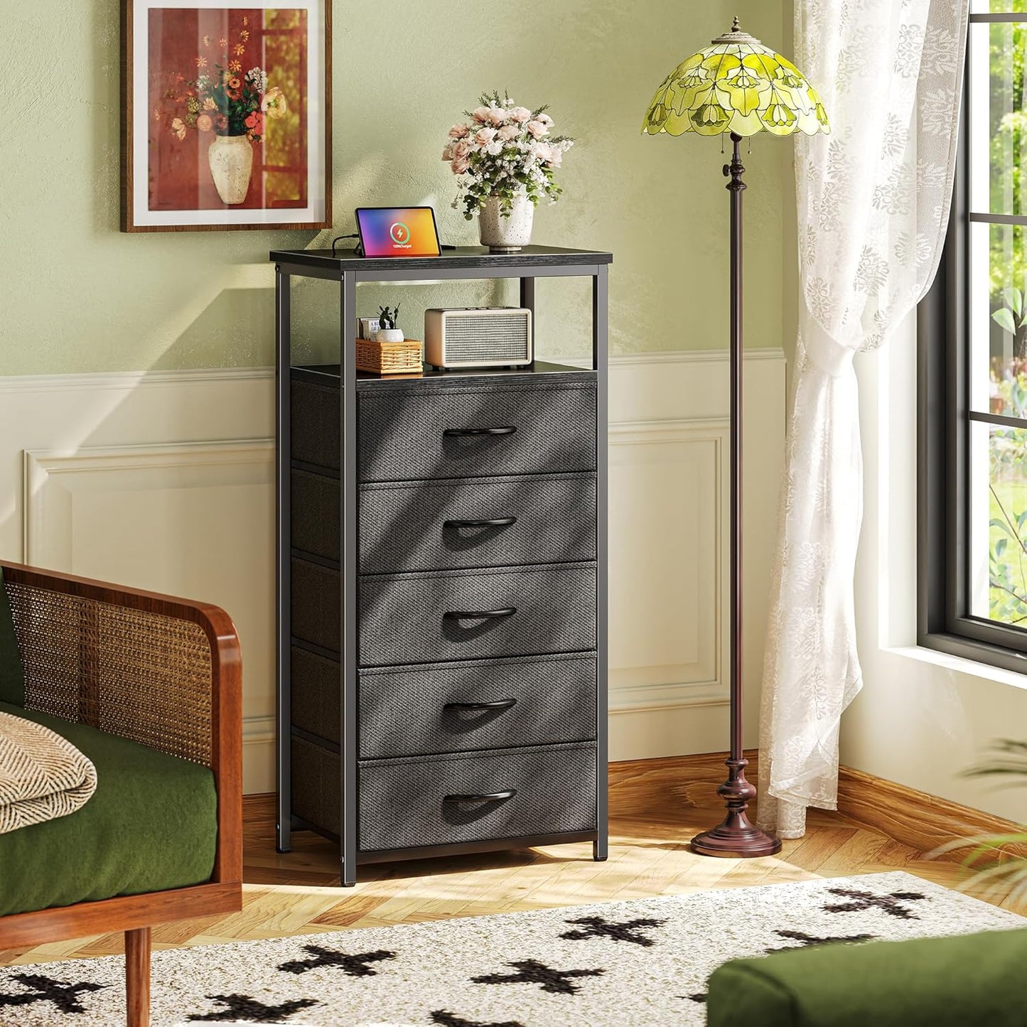 Huuger 5 Drawers Dresser with Charging Station, Dresser for Bedroom, Tall Night Stand, Chest of Drawers with Open Shelf, Bedside Table Nightstand, Fabric Storage Drawers, for Entryway, Black