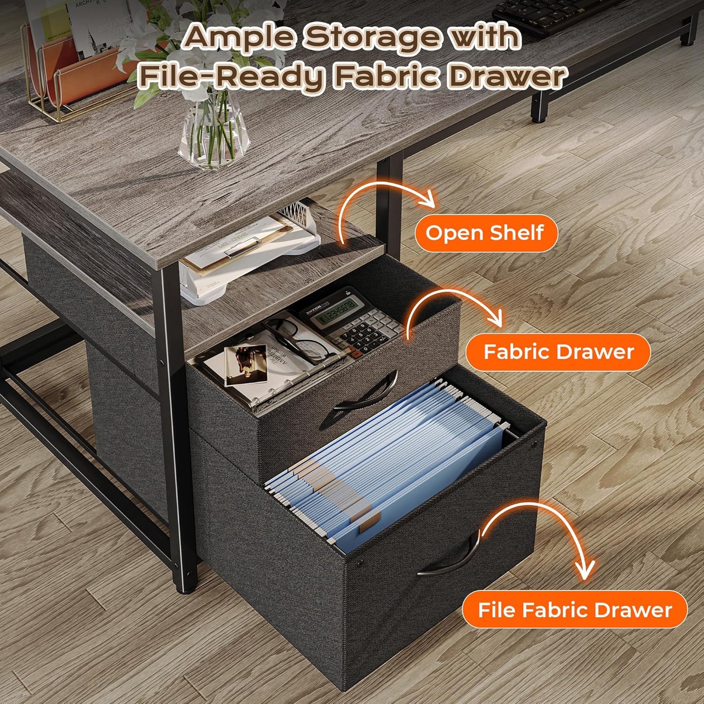 PRAISUN 63 Inch L Shaped Desk with Power Outlets and USB-C Port, Computer Corner Home Office Desk with File Fabric Drawers and Movable Monitor Stand, Larger Storage, Gaming, Writing, Work, Grey