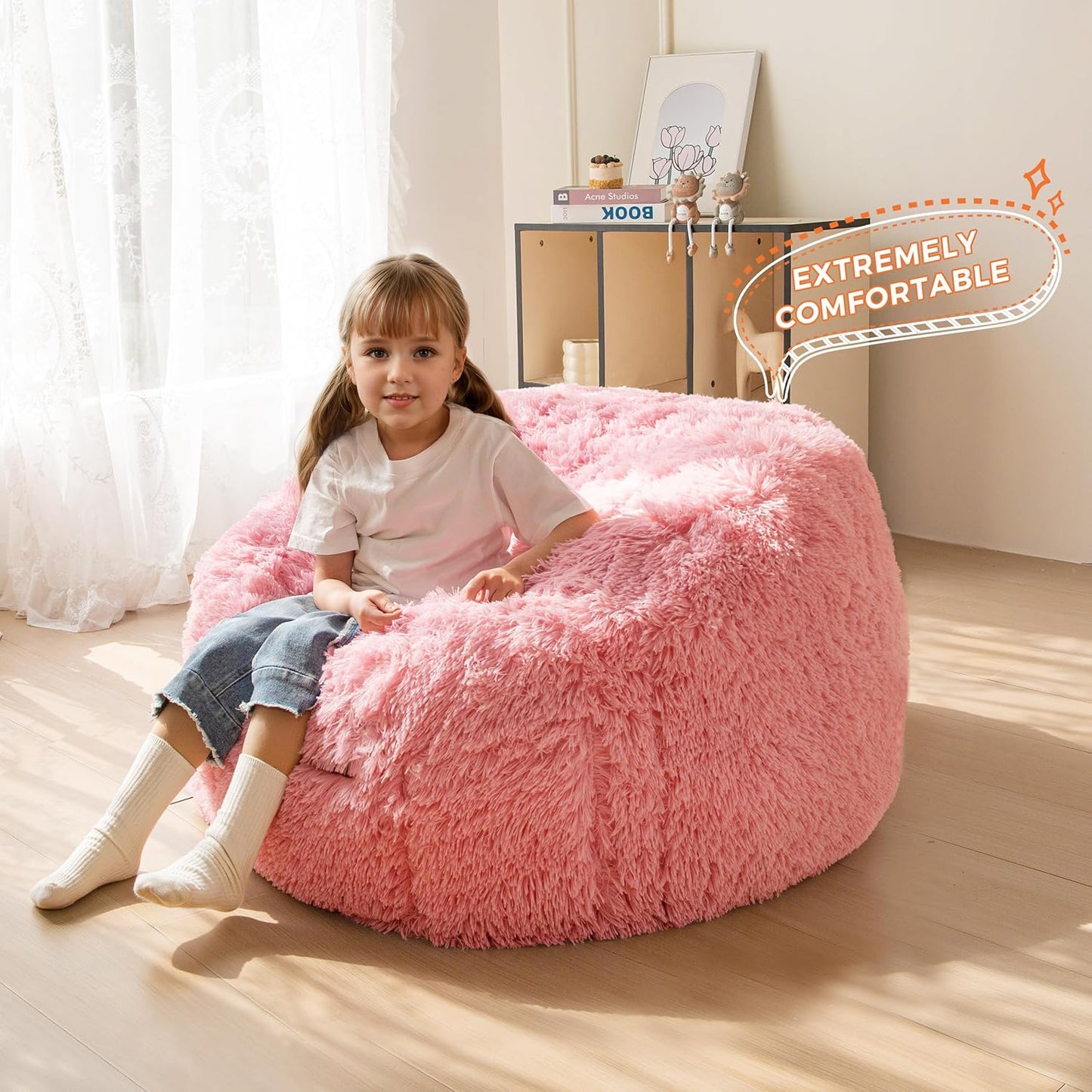 MAXYOYO Kids Bean Bag Chair, Stuffed Faux Fur Bean Bag for Toddler, Ultra Soft Floor Sofa with High-Density Foam Filling, Lazy Chair for Living Room, Playroom, Nursery Room