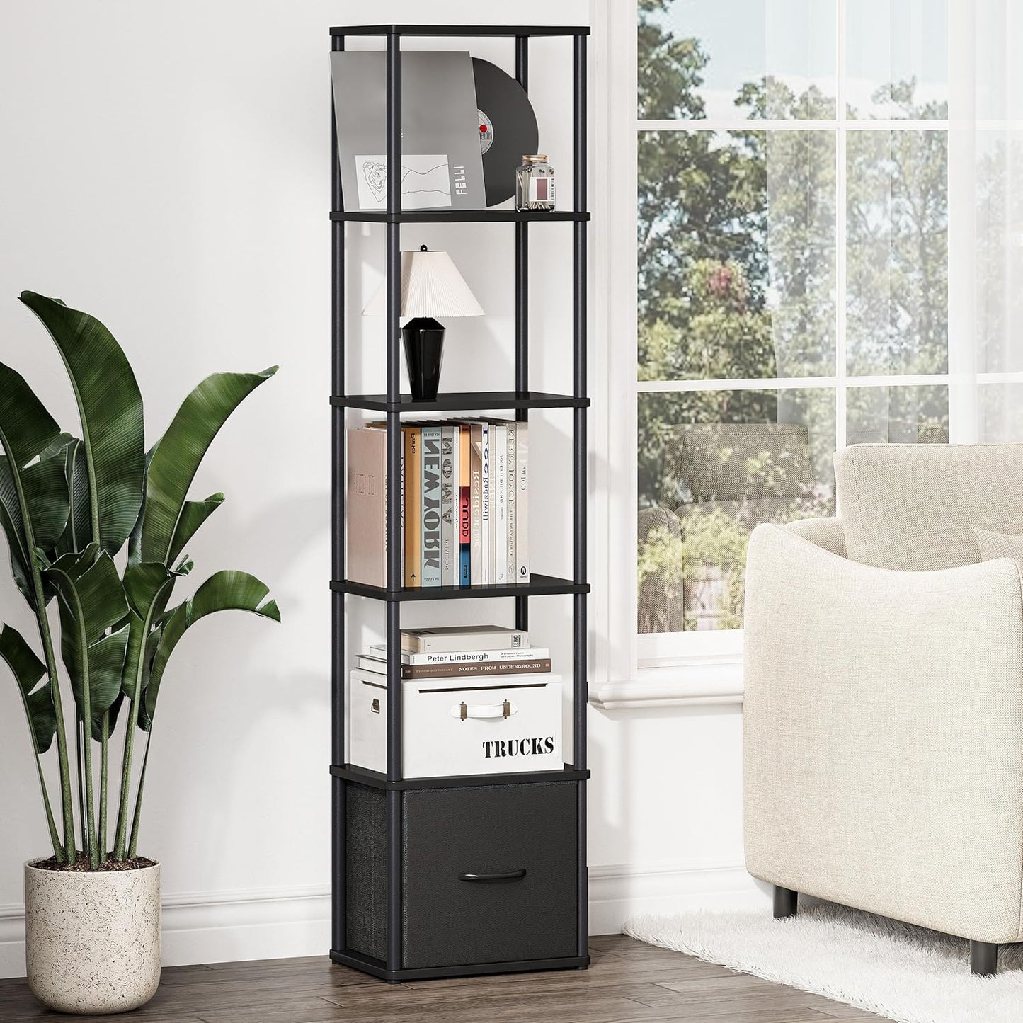 6-Tier Bookshelf with Drawer, Narrow Bookshelves Organizer, Floor Standing Ladder Shelf, Tall Bookcase for Small Space, Book shelf with Storage for Living Room, Bedroom, Office, Study Black HBC505B