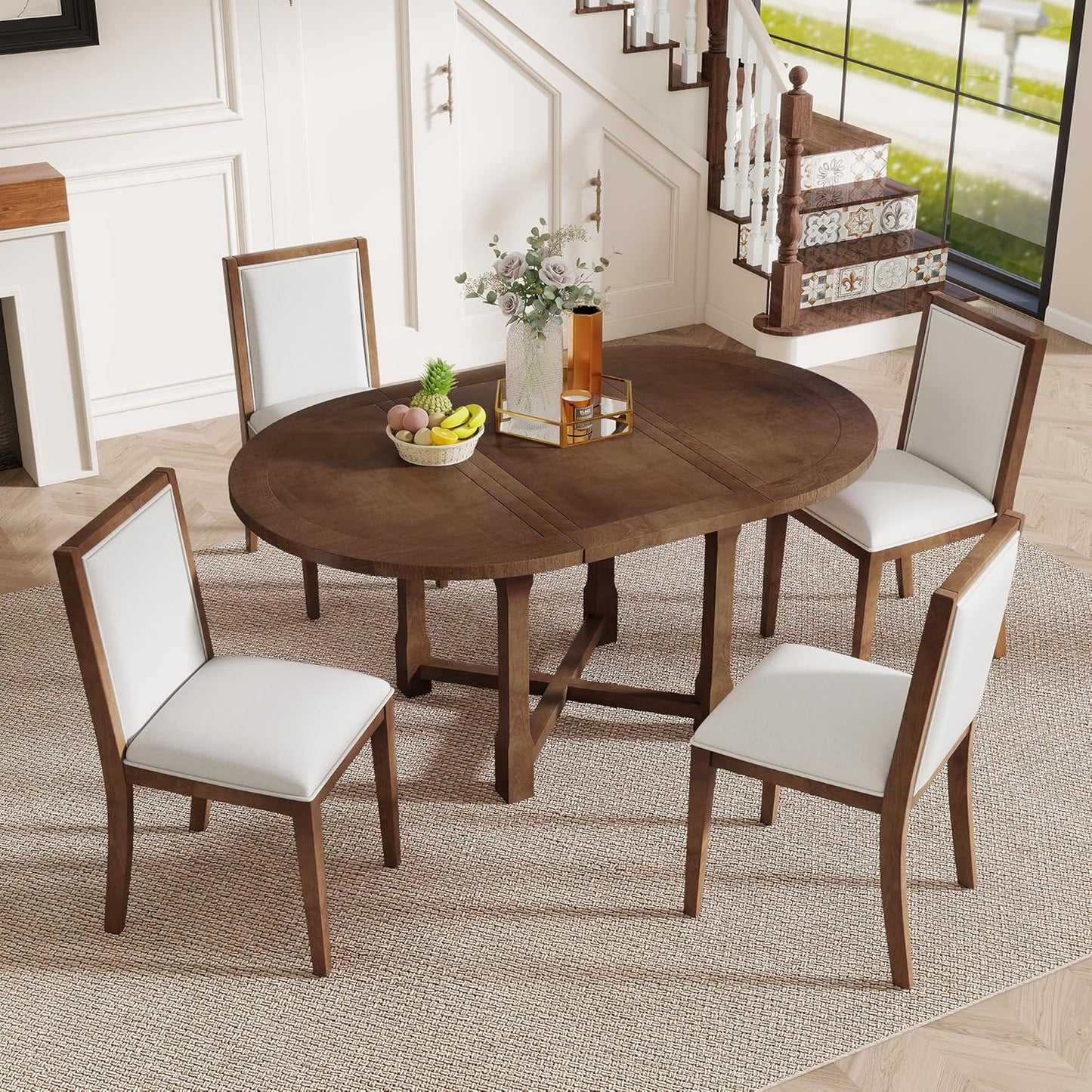 Ball & Cast Farmhouse 5 Pieces Dining Table Set with 4 Upholstered Chairs,Wooden Living Room Furniture for 4 W/ 57.7" Extendable Dining Table,Easy Assemble&Clean,for Dining Room,Bistro,Apartment,Brown