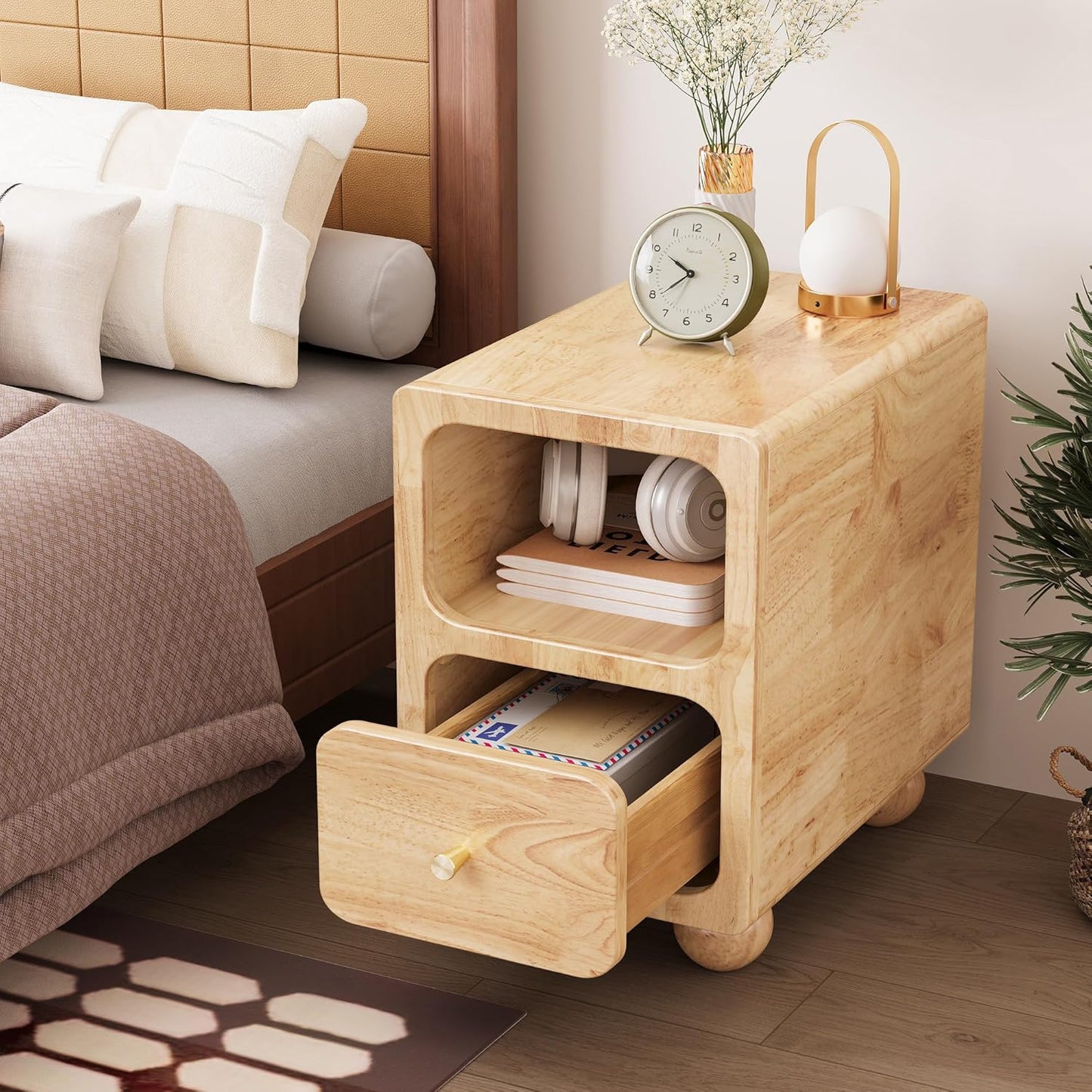 Solid Wood Night Stand, Narrow Night Stand with Drawers, Natural Mid Century Modern Nightstand, Small Beside Table with Open Storage Shelf for Bedroom (12 inch)