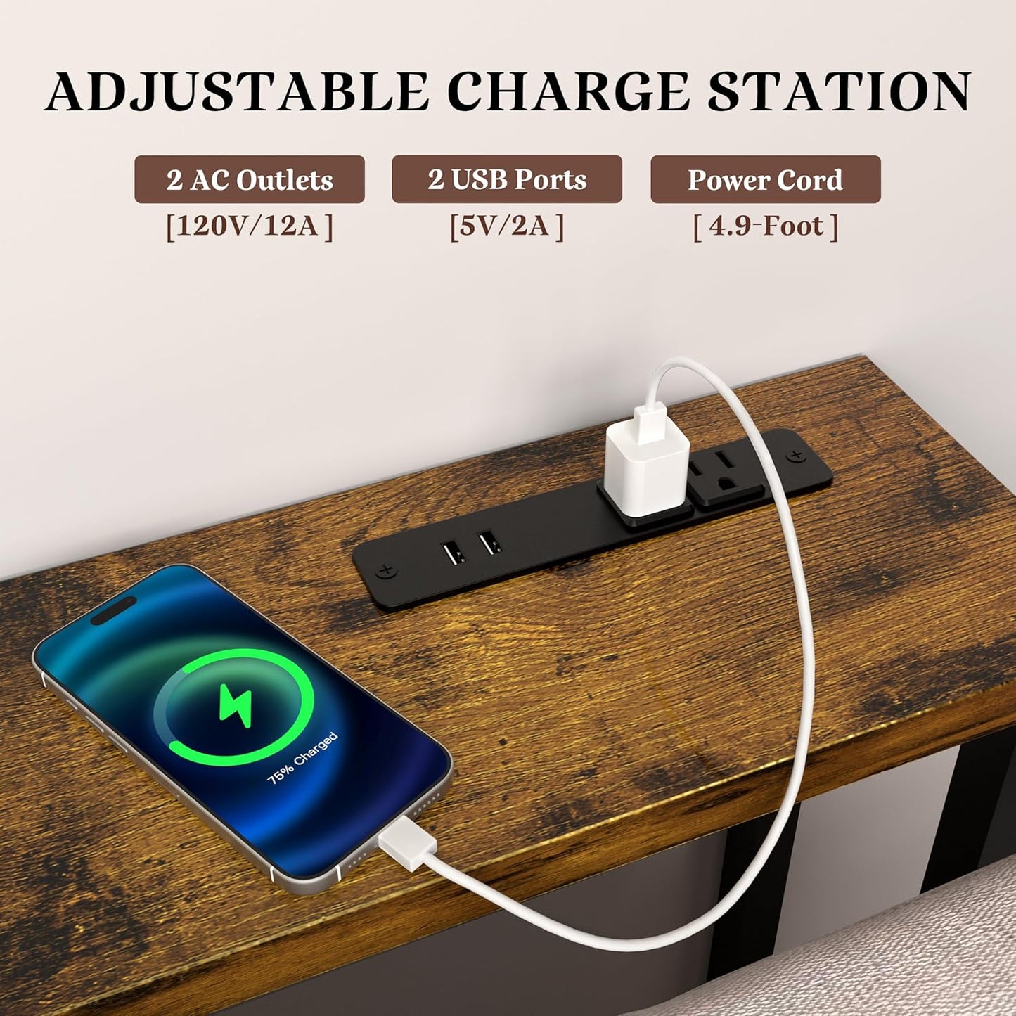 GRLEAF 70" Sofa Table with Built-in Power Strip (4 AC Outlets & 4 USB Ports) – 4.9ft Power Cord, Metal Frame, Easy Assembly, Long Couch Table Behind Sofa, Living Room and Home Office | Rustic Brown