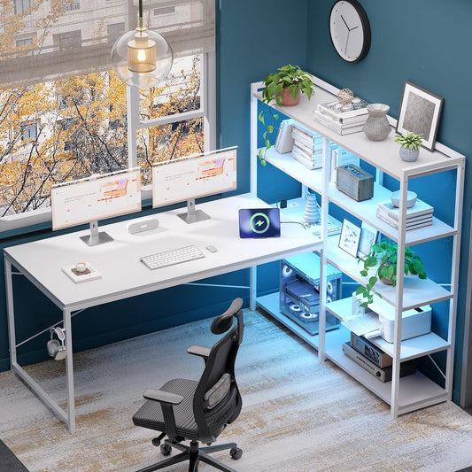 Pamray L Shaped Computer Desk with Reversible Side Storage Shelves, 49 Inch Gaming Desk with Power Outlets and Led Lights, PC Table for Home Office and Bedroom White