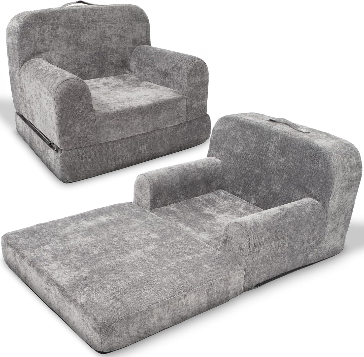 ParkaLounger Children's Sofa 2-in-1 Convertible Chair & Sleeper - Durable Foam Keeps Its Shape - Lightweight, Portable with Handle - Soft, Sturdy & Cozy Seat for Lounging & Play, Gray, Medium