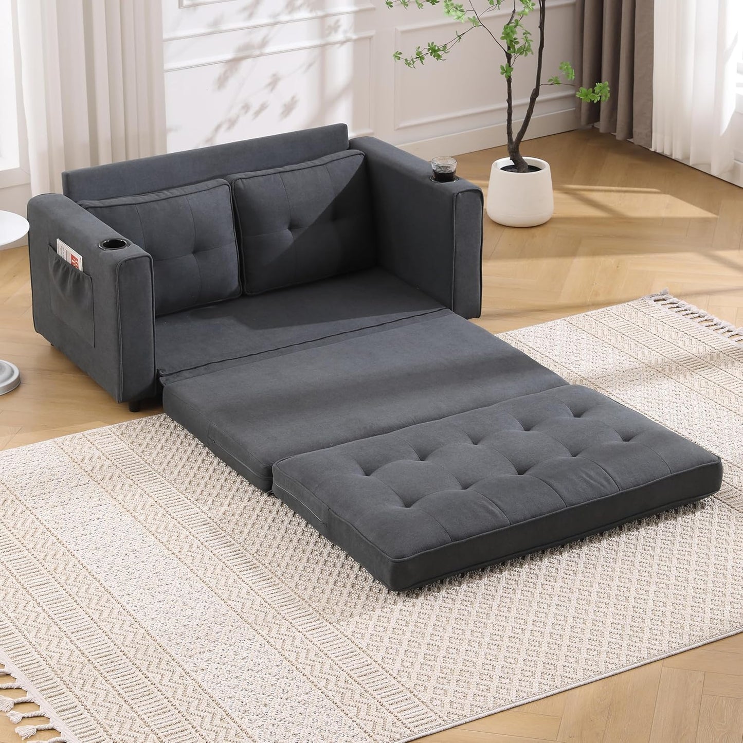 ERYE 3 Fold Tufted Upholstered Futon Sofa Bed Modern Convertible Foldable Floor Loveseat Sofabed with Pull Out Sleeper Couch Daybed W/Cupholders and Pockets for Living Room