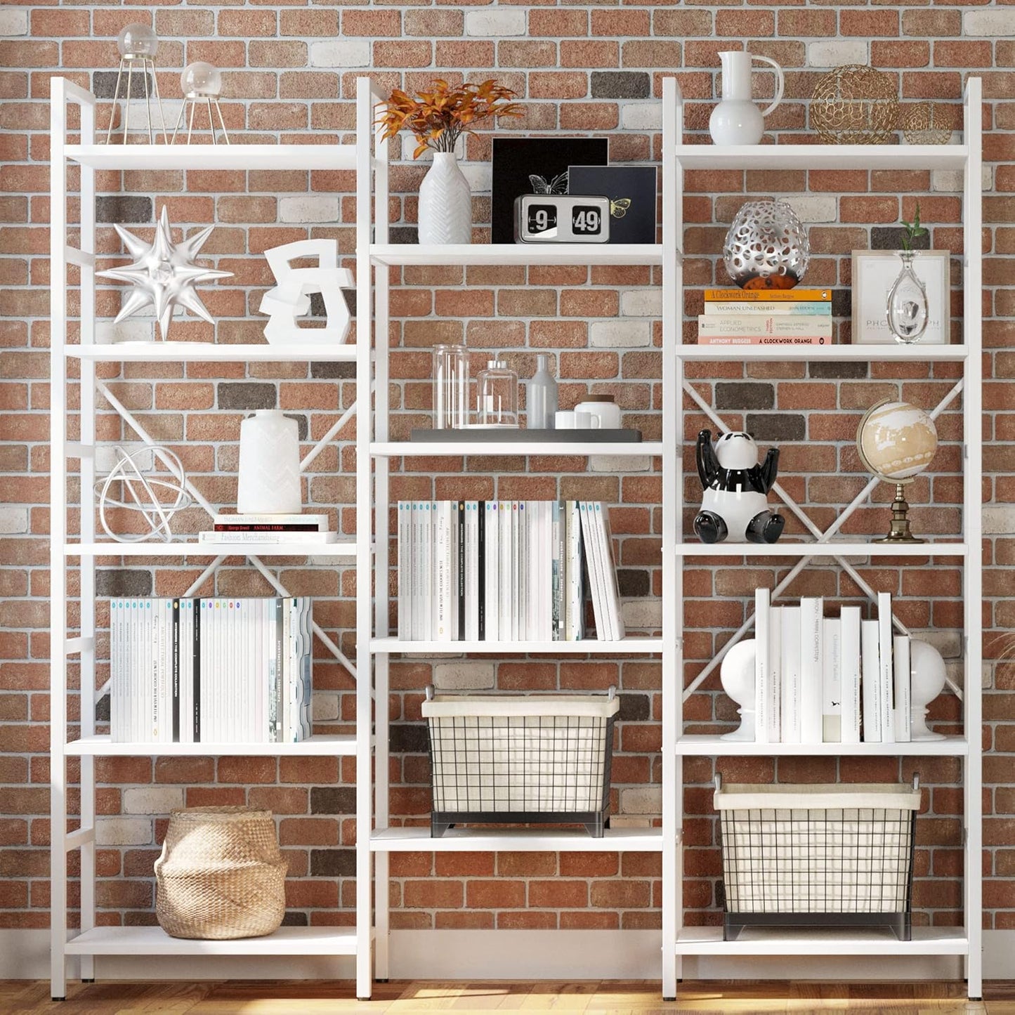 IRONCK Bookcases and Bookshelves Triple Wide 5 Tiers Industrial Bookshelf, Large Etagere Bookshelf Open Display Shelves with Metal Frame for Living Room Bedroom Home Office