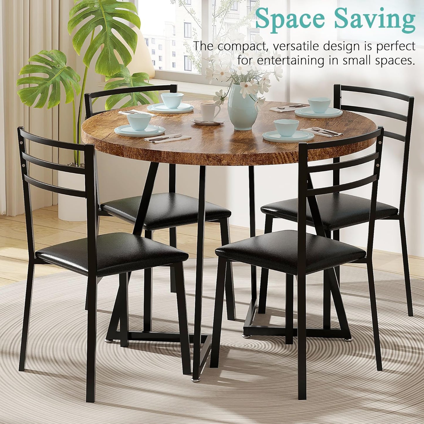 VECELO 35" Round Dining Table for 4, Wood-Grain Tabletop & Heavy-Duty Steel Frame, for Kitchen, Living Room, Easy Assembly, Antique Brown