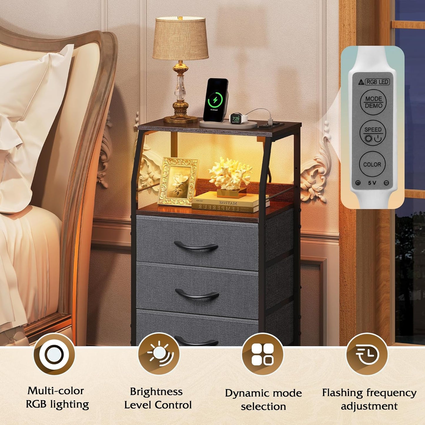 WLIVE Nightstand with Charging Station, Night Stand with LED Light, Tall 4 Drawer Dresser for Bedroom, 37" H Bedside Table with Fabric Storage Bins, Open Wood Shelf, Metal Frame, Dark Grey