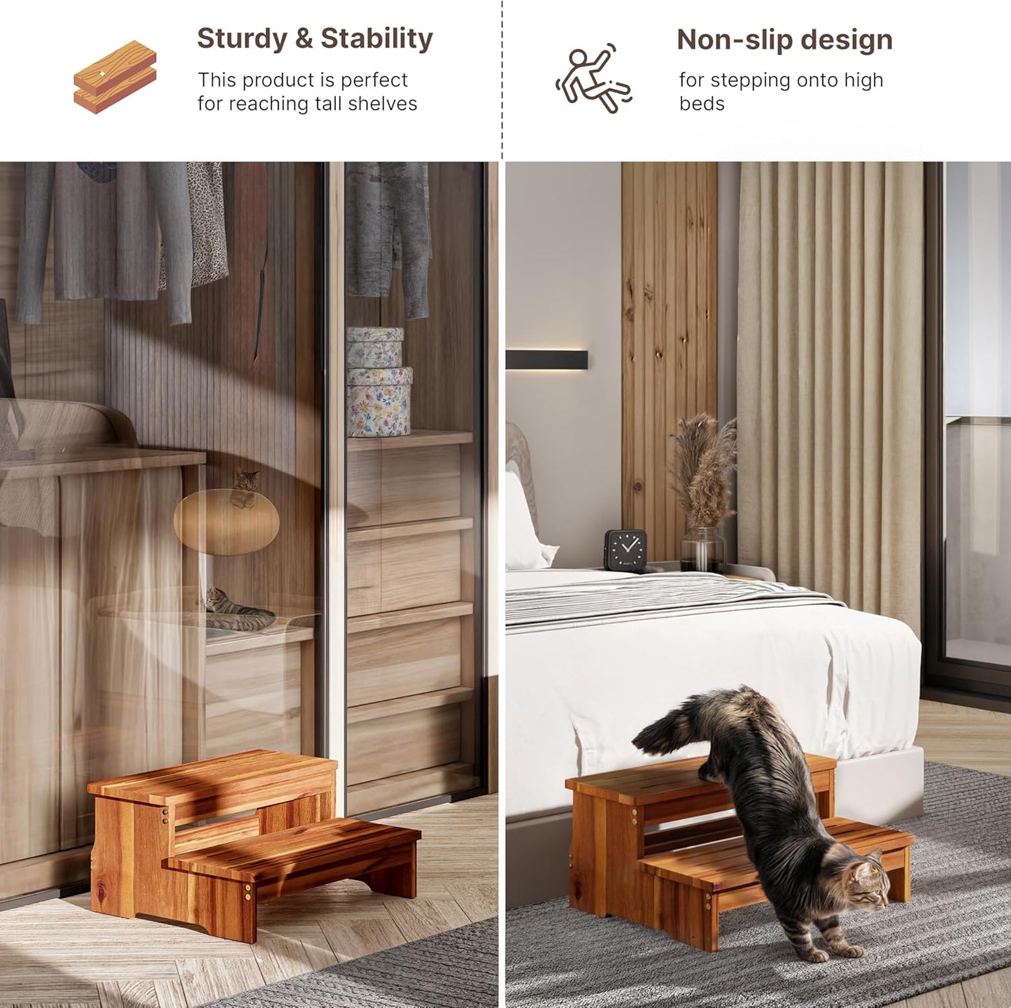 TINAMO 25" Long Step Stool for Adult & Kid - Acacia Wood Two Step Stool 500 Lb - Wooden Riser 2-Step Spa & Hot Tub Stairs for Pool - Heavy Duty 2 Step Stools for Bed, Kitchen,Outdoor (Patent Pending)