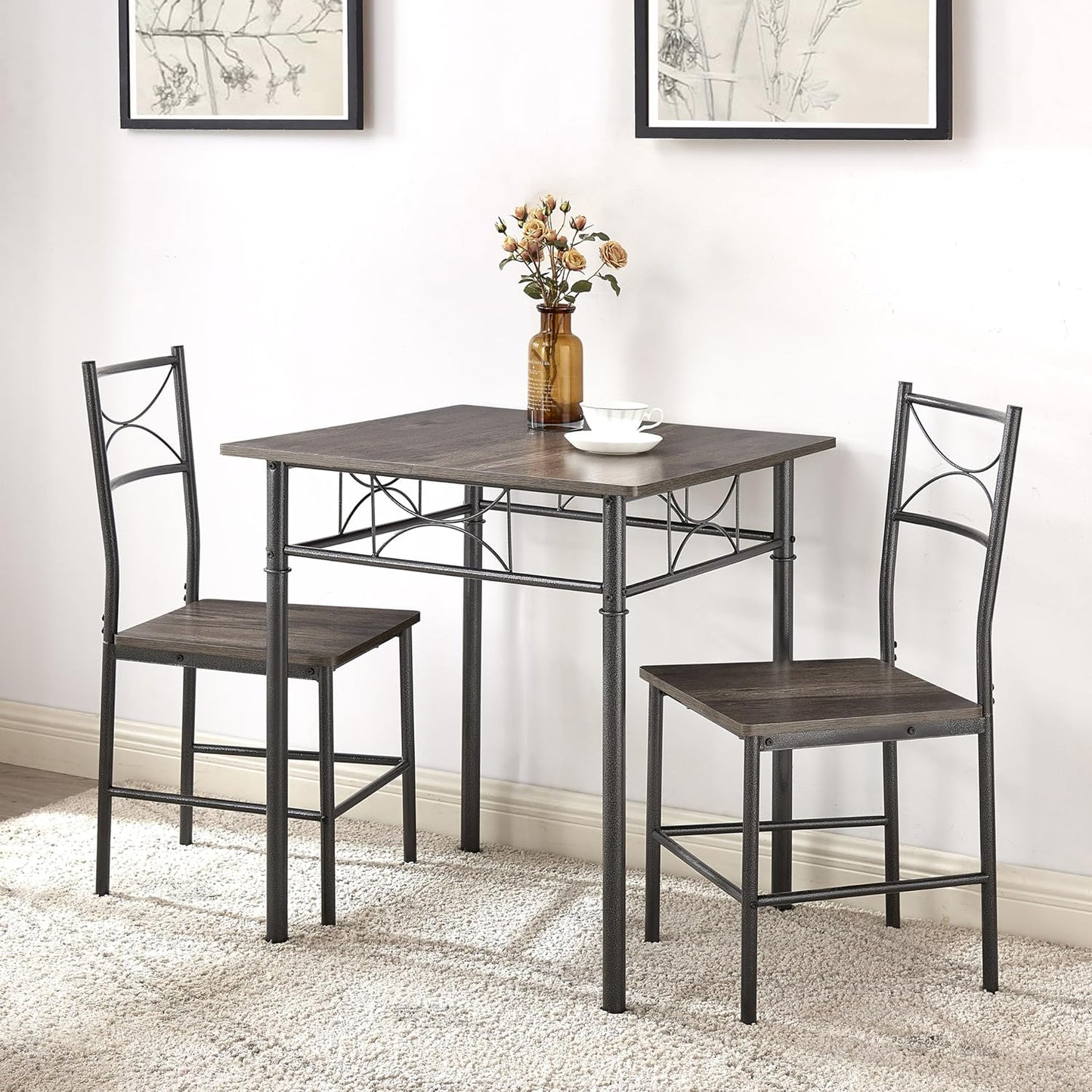 JOIN IRON 3-Piece Metal and Wood Indoor Modern Square Dining Table Furniture Set for Kitchen, Dining Room, Dinette, Breakfast Nook w/ 2Chairs - Gray