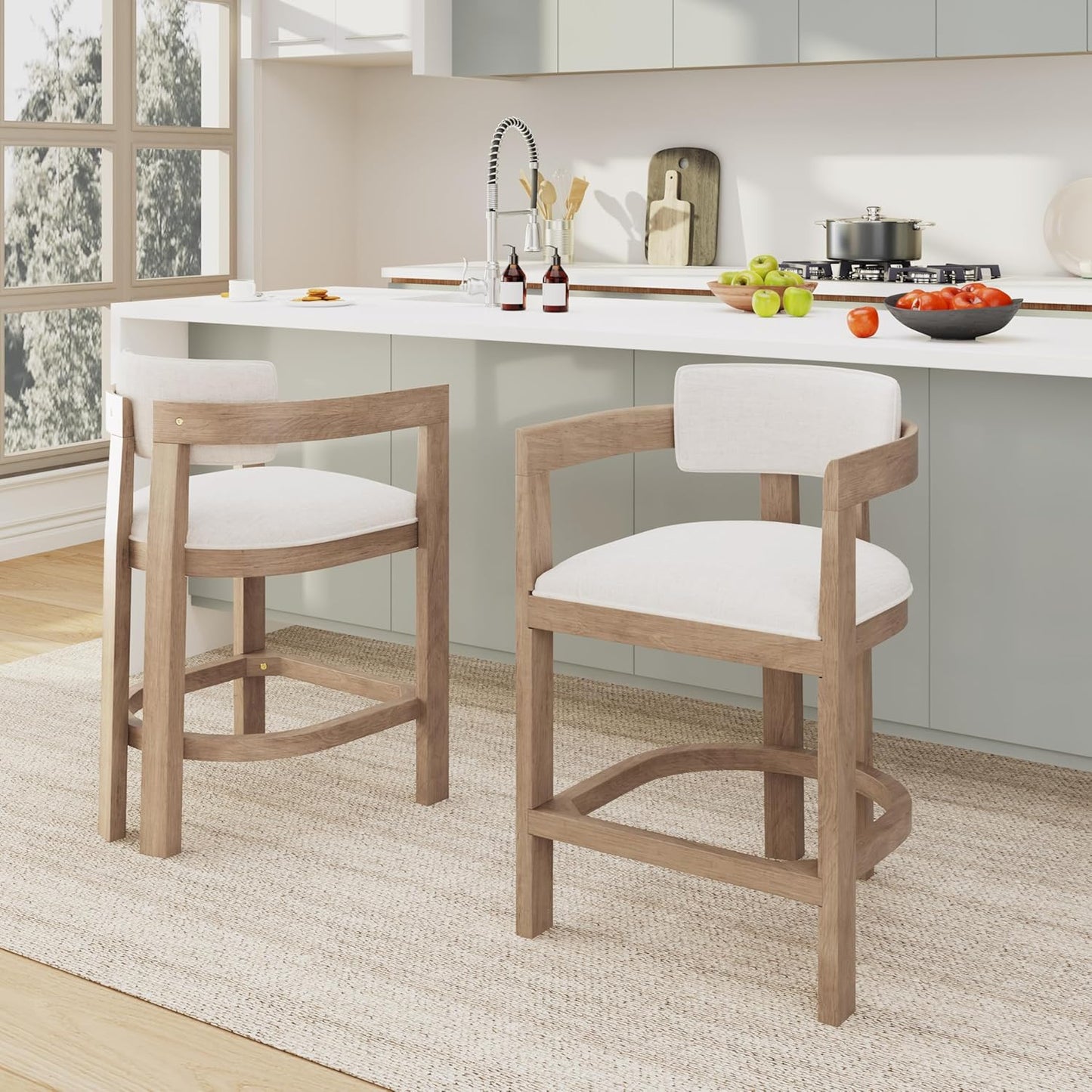 Christopher Knight Home Set of 2 Ryland Modern 26" Counter Height Bar Stools, Fabric Upholstered Counter Stools,Wooden Kitchen Island Armchair with Footrest, Round Backrest, Soft Seating,Beige+Natural