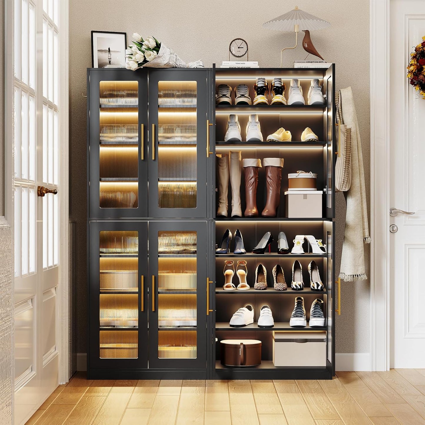 LITTLE TREE Stylish 8-Tier Vertical Shoe Rack with Built-in LED Lighting, Doors for Dust Protection, and Convenient External Hooks, Shoe Cabinet for Entryway, Living Room, Bedroom, Black