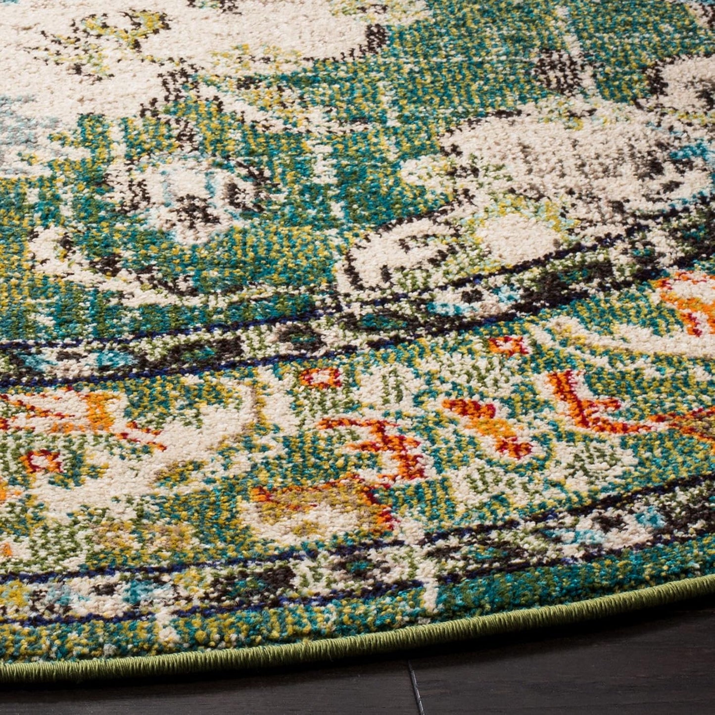 SAFAVIEH Monaco Collection Area Rug - 6'7" Round, Forest Green & Light Blue, Medallion Distressed Design, Non-Shedding & Easy Care, Ideal for High Traffic Areas in Living Room, Bedroom (MNC243F)