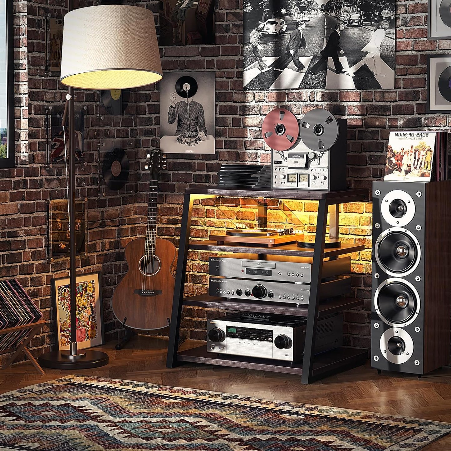 Armocity 4-Tier AV Media Stand with Power Strips, Stereo Stand with LED Lights, Rack Audio Tower with Adjustable Shelves, Small Entertainment Center, 30'', Black Ebony