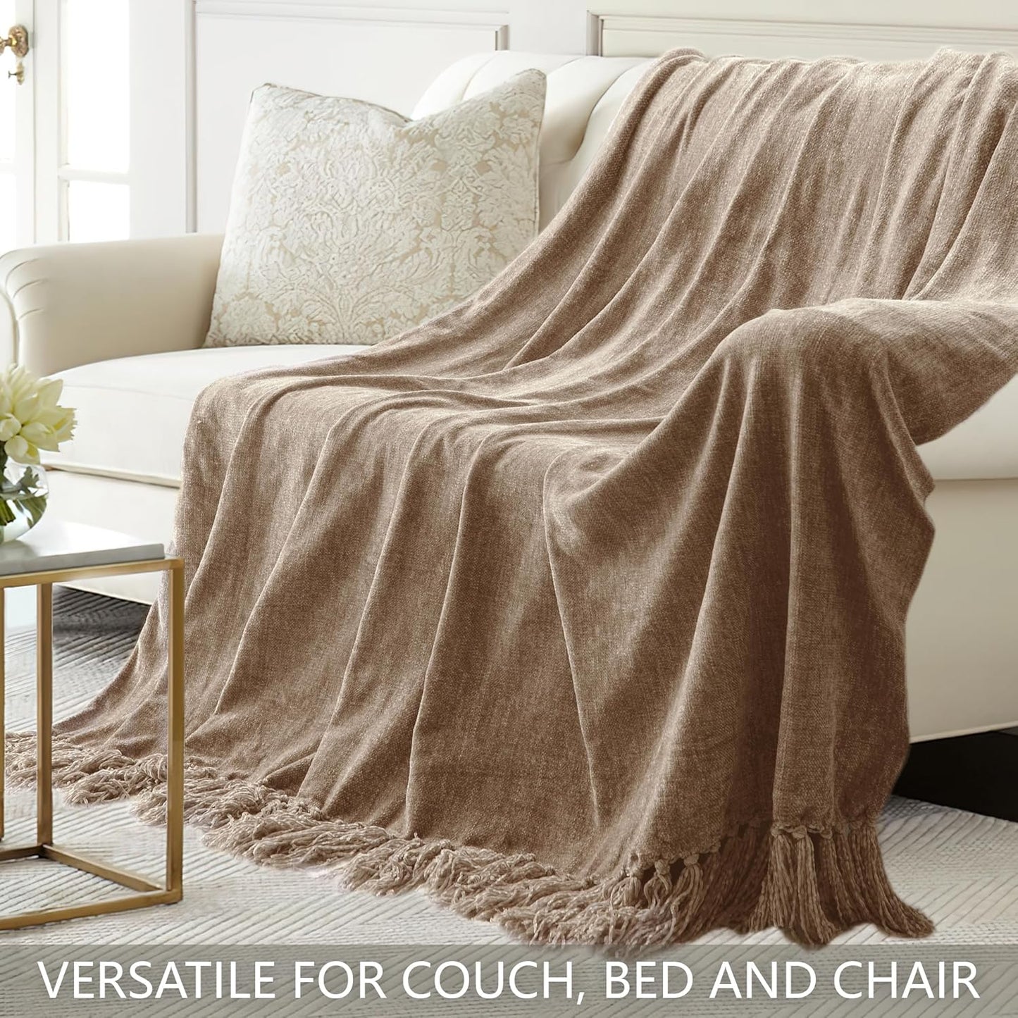 Chenille Throw Blanket for Couch 60"X 80" Twin, Soft Cozy Throws with Fringe Tassel for Bed Sofa Chair Cover, Lightweight Knitted Decorative Boho Blankets for Living Room, Taupe