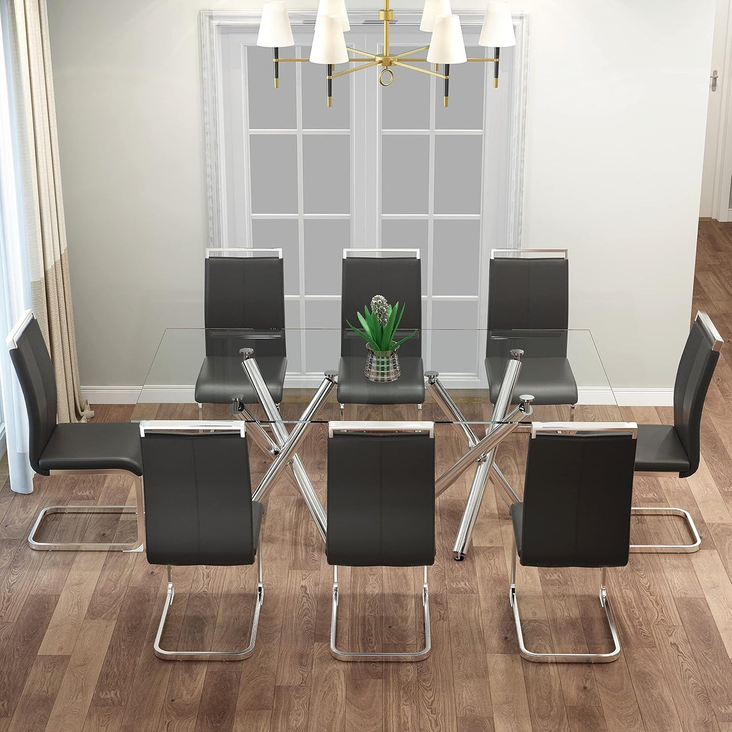 Dining Chairs Set, Kitchen Modern Metal Chairs with Faux Leather Padded Seat High Back and Sturdy Chrome Legs, Chairs for Dining Room (Grey, Set of 8)