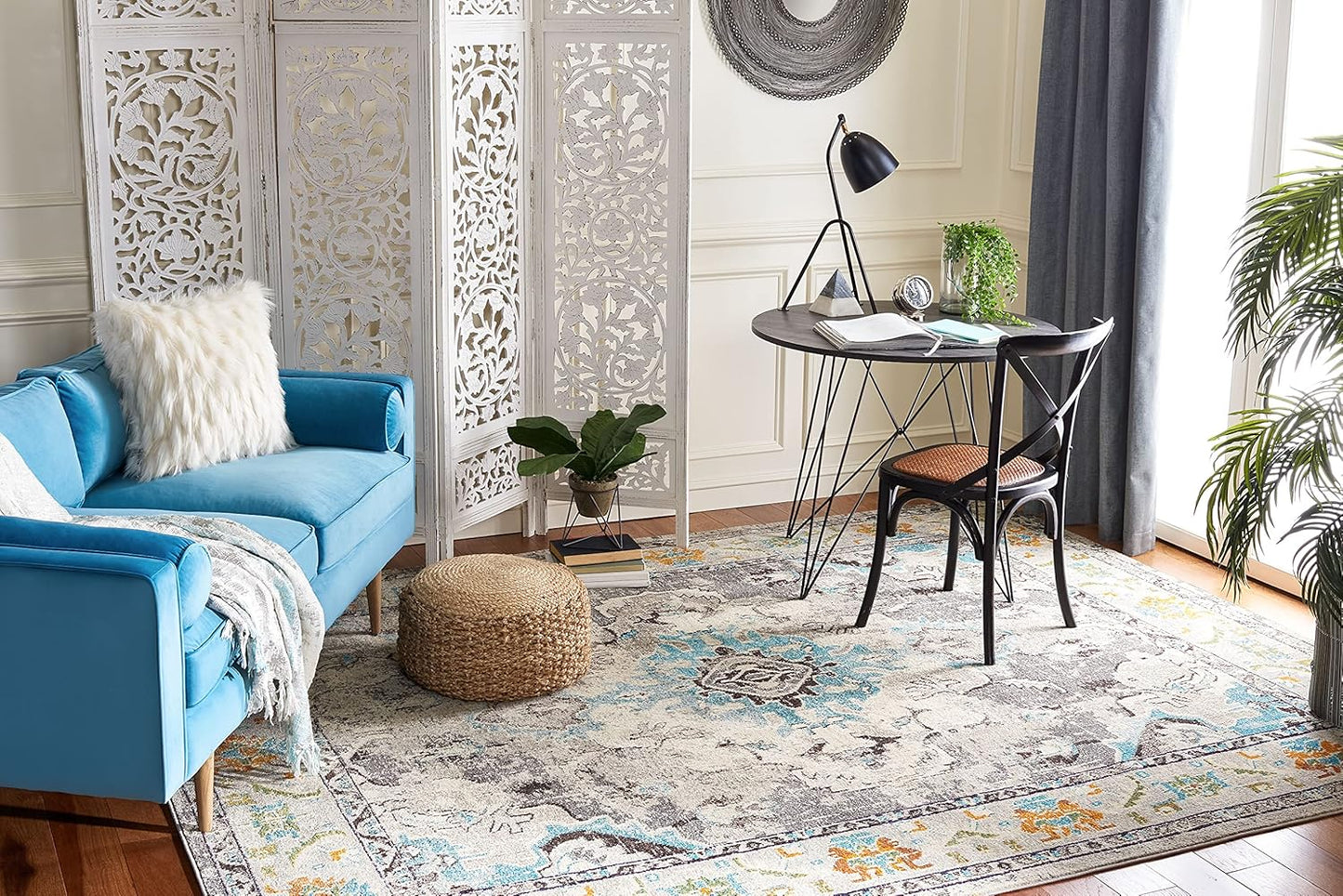 SAFAVIEH Monaco Collection X-Large Area Rug - 11' x 15', Grey & Light Blue, Medallion Distressed Design, Non-Shedding & Easy Care, Ideal for High Traffic Areas in Living Room, Bedroom (MNC243G)