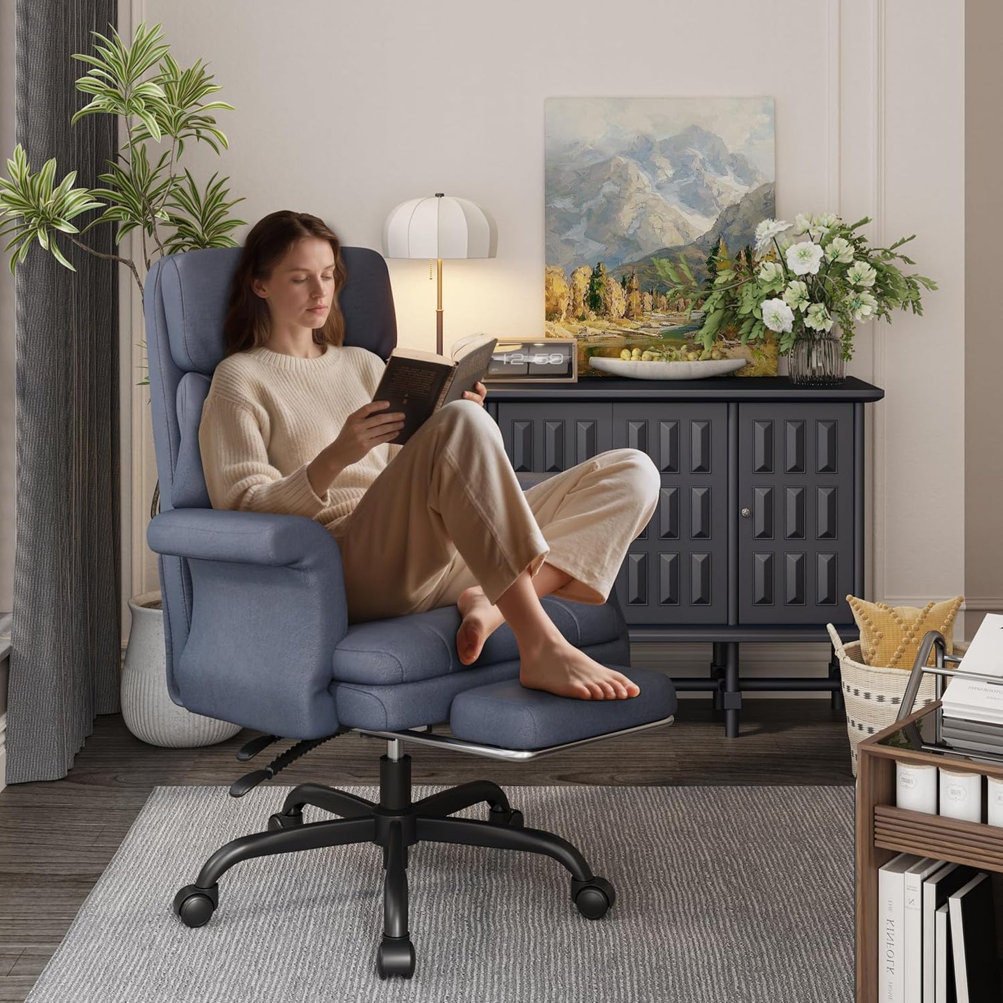 ELABEST C39 Cross Legged Office Chair with Footrest & Convertible Armrests - Pet-Friendly XL Home Desk Chair, Ergonomic Recliner with Lumbar Pillow, Criss Cross Design, Big and Tall Executive Chair