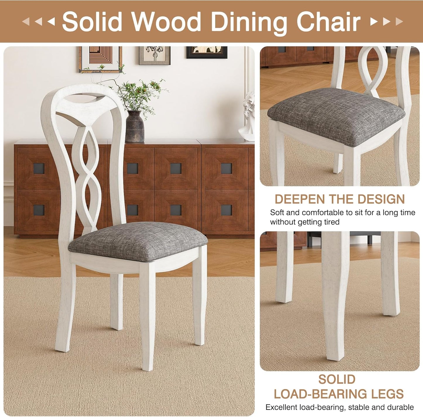 Solid Wood Dining Chair Set of 6, Kitchen Dining Room Chair with Upholstered Cushion & Wooden Legs, Modern Wood Side Chairs for for Kitchen, Washed Gray