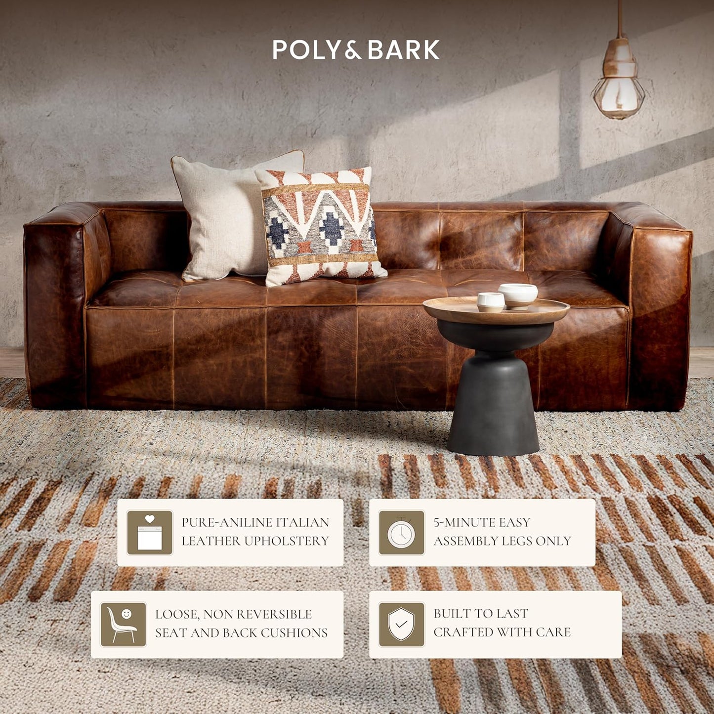 Poly & Bark Capa Leather Couch - 92 Inch Sofa - Pure-Aniline Leather Sofa for Living Room with French Seam Details - Living Room Couch - Full-Grain Vintage Italian Leather in Chocolate Brown