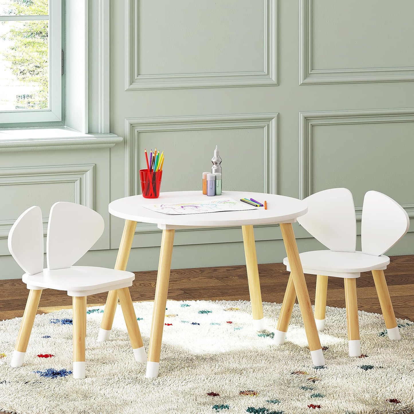 UTEX Kids Table and Chair Set, Toddler Table with Elephant Ear Chairs, 3 Pieces Kids Round Table for Toddlers, Girls, Boys,White