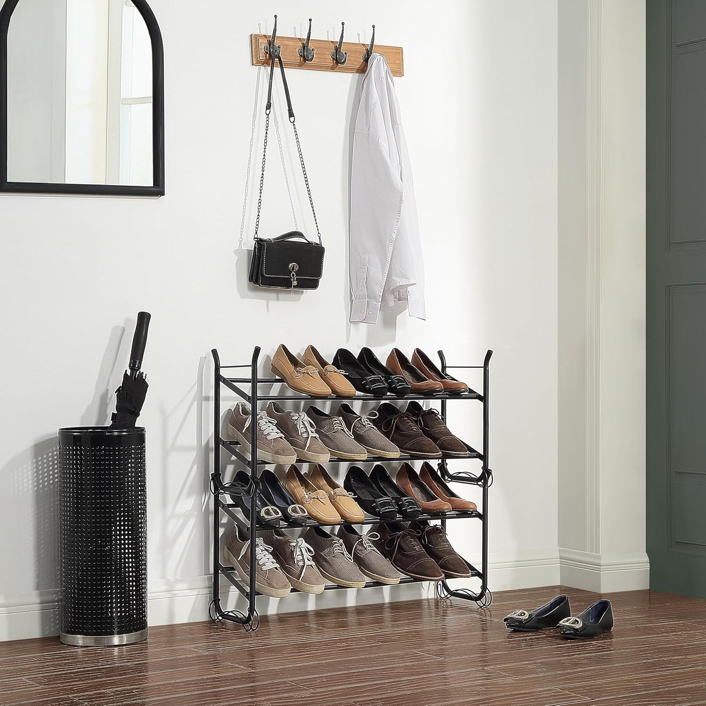 SunnyPoint Expandable & Stackable 2-Tier Shoe Rack – Adjustable Shoe Organizer for Entryway, Closet or Bedroom, Holds 4 to 8 Pairs, Space-Saving Metal Shoe Storage Shelf (17.5"–31.49" W) (BLK, 2 Tier)