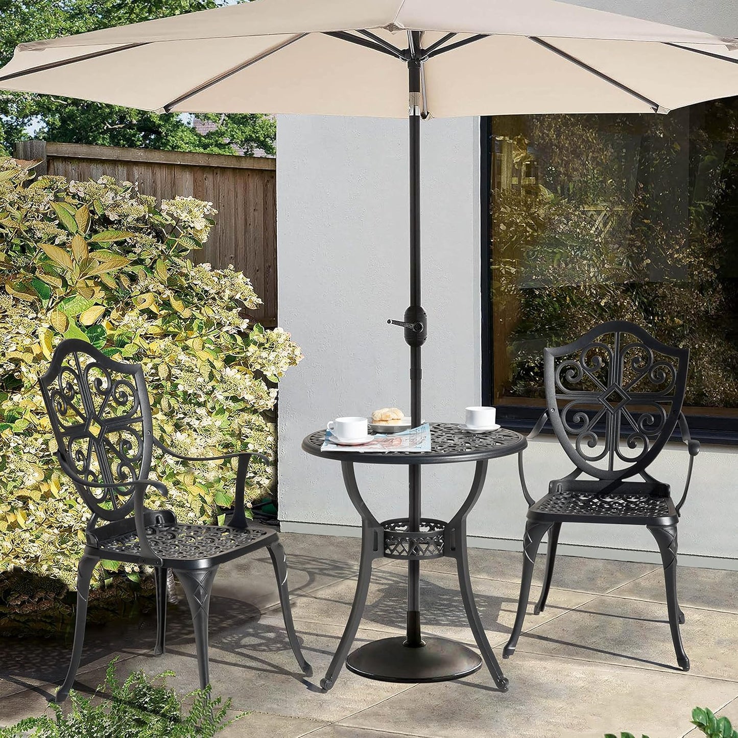 NUU GARDEN 3 Piece Outdoor Bistro Set All Weather Cast Aluminum Patio Set Bistro Table Set Rustproof Patio Table and Chairs with Umbrella Hole for Backyard, Balcony, Front Porch, Black
