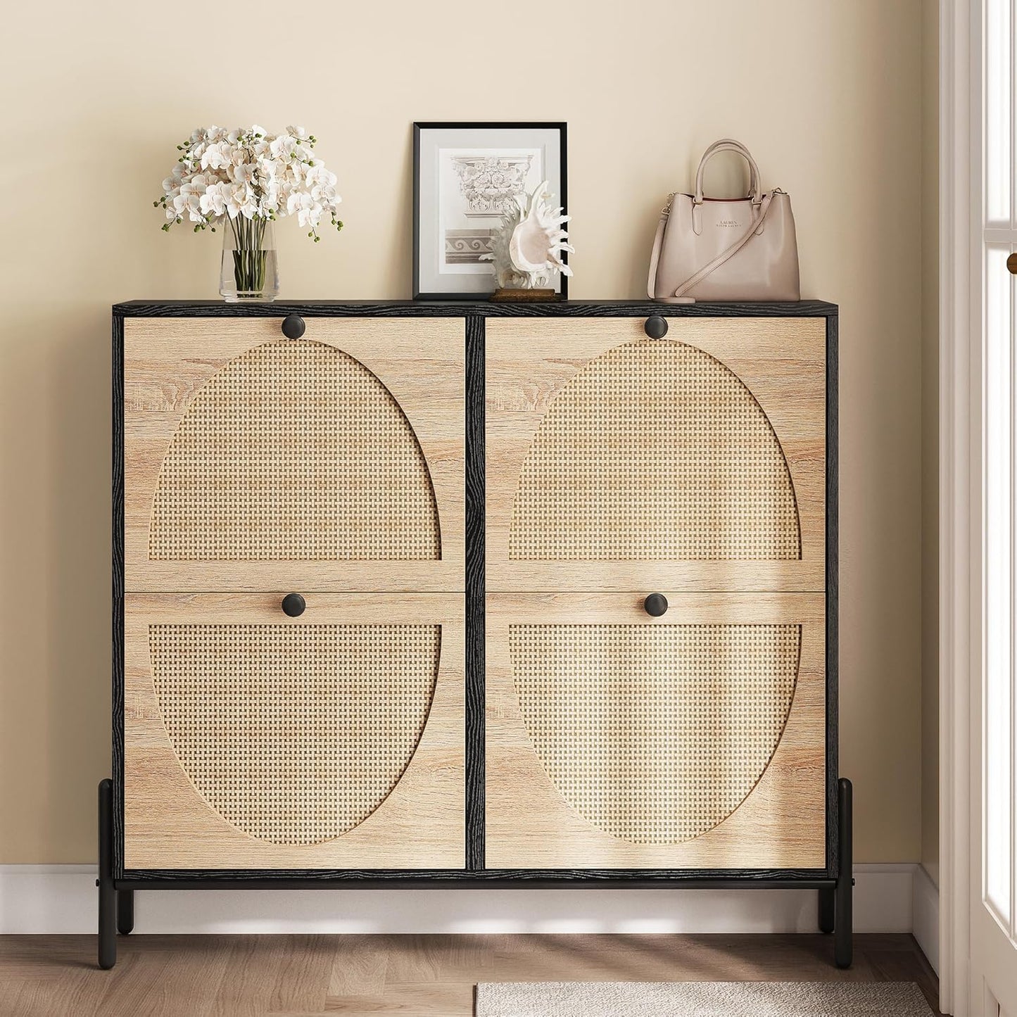 IRONCK Rattan Shoe Cabinet Storage with 4 Flip Drawers, Freestanding Shoe Storage Organizer Cabinet for Entryway, Narrow Shoe Rack Cabinet, Black