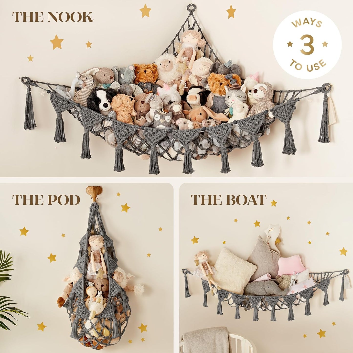 Macrame DreamLights Boho Stuffed Animal Storage Net or hammock Extra Large for Small or large Plushies. Plush Gray Toy Storage Holder