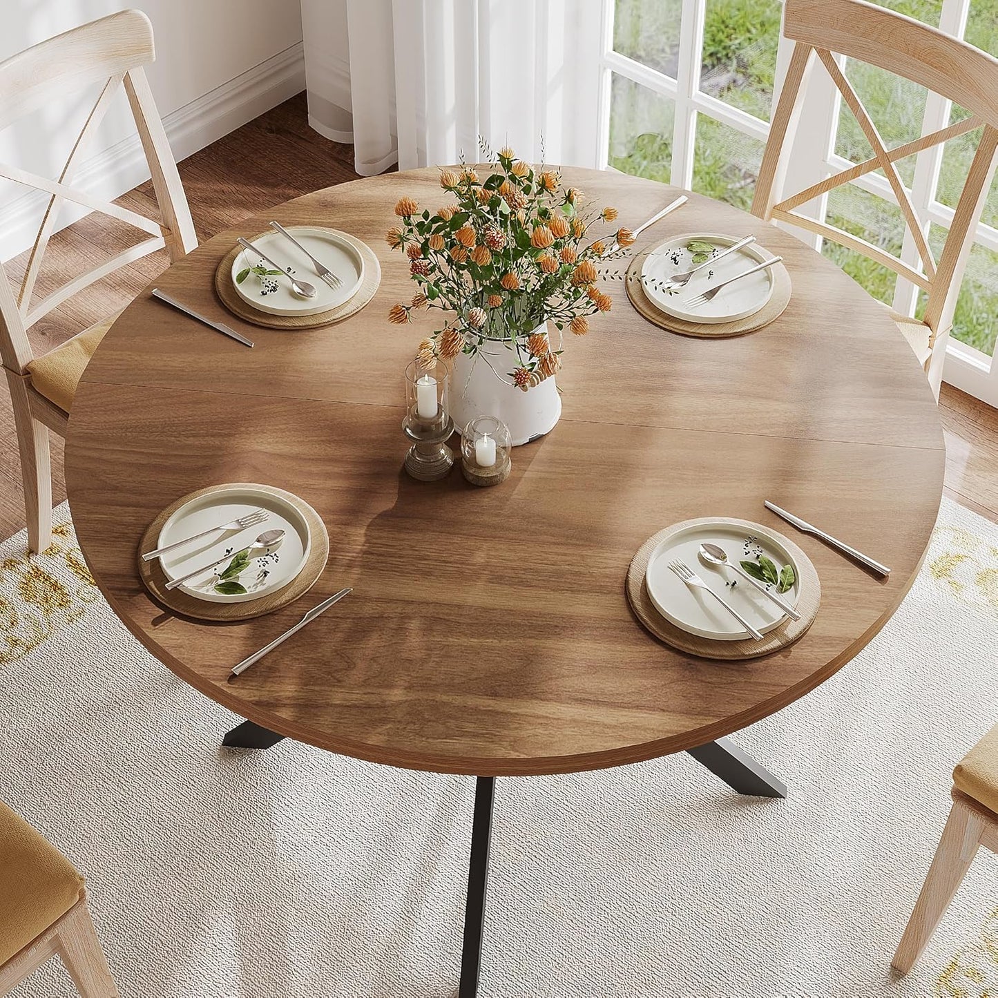 ChooChoo 47.2 Inch Round Dining Table for 4, Farmhouse Wood Kitchen Table, Circle Dinner Table for Kitchen & Dining Room, Walnut