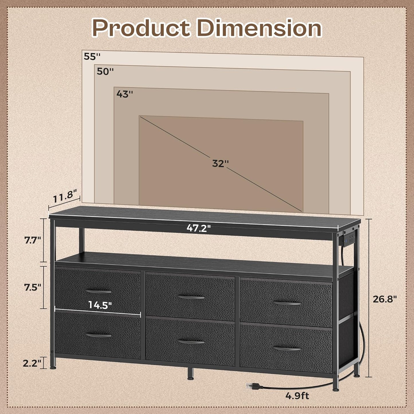 Huuger LED TV Stand for Bedroom, 47 Inch Dresser TV Stand for 43, 50, 55 Inch TV, Black TV Stand with Storage, Entertainment Center with Power Outlets, 6 Drawer Fabric Dresser for Living Room