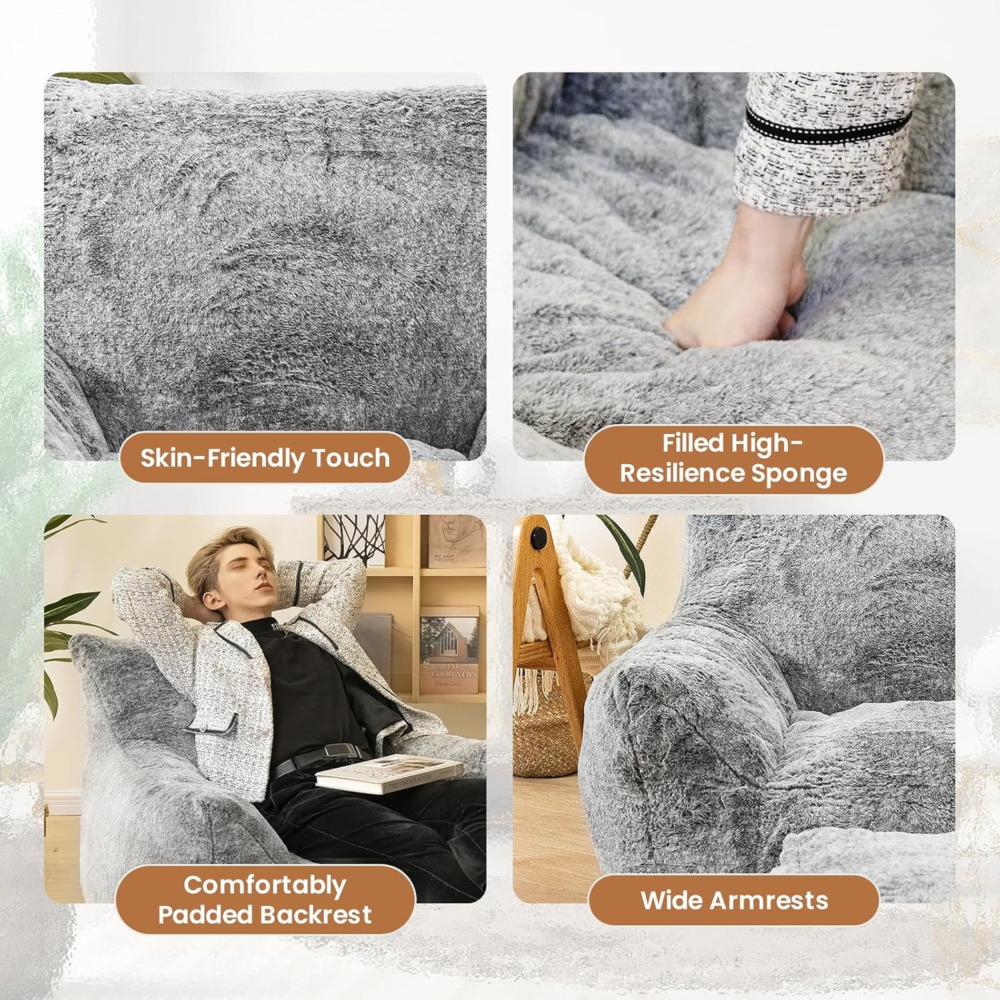 Bean Bag Chair with Ottoman, Armrest Bean Bag Chairs with Filler, Ultra Soft Fluffy Faux Fur Bean Bag Chair with Foot Rest, Plush Lazy Sofa with Foot Stool for Living Room, Dorm