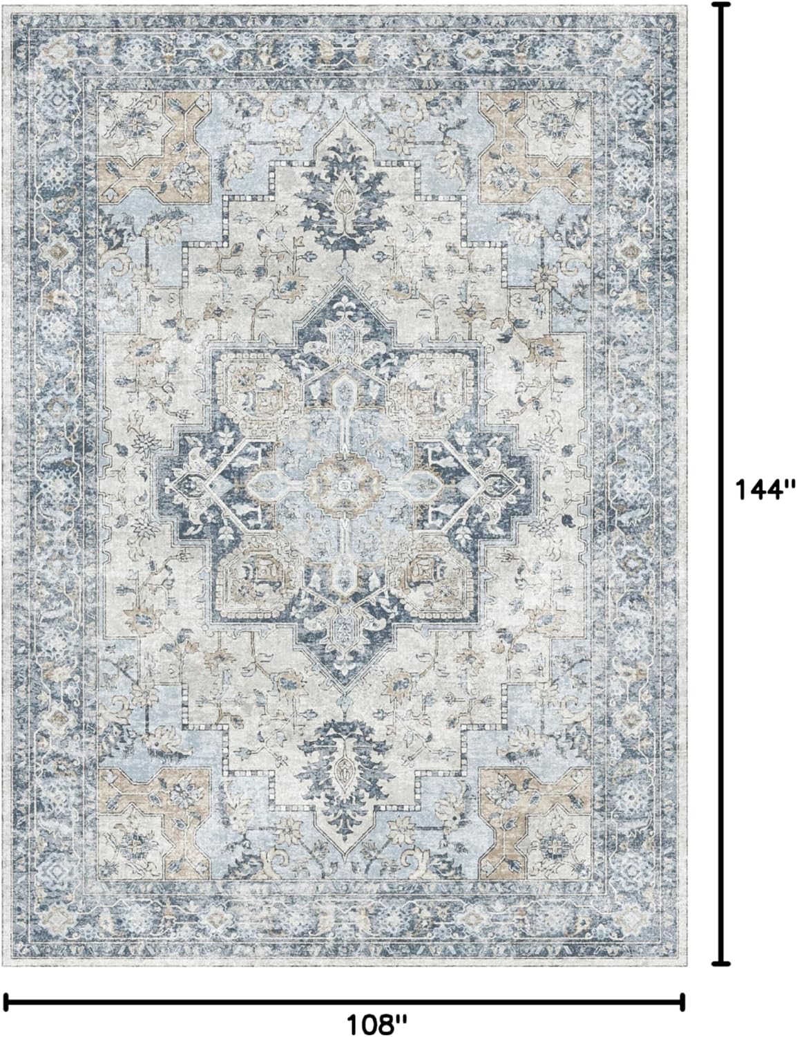 GENIMO 9x12 Area Rugs for Living Room, Machine Washable Non Slip Vintage Rugs, Low Pile Lightweight Chenille Print Rug for Bedroom, Dining Room, Home Office, Blue