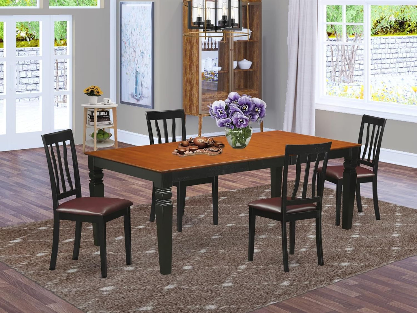 East West Furniture LGAN5-BCH-LC 5 Piece Dining Room Furniture Set Includes a Rectangle Kitchen Table with Butterfly Leaf and 4 Faux Leather Upholstered Chairs, 42x84 Inch, Black & Cherry