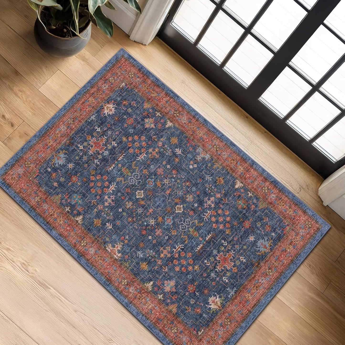 Washable 2x4 Entry Rug Front Door Indoor, Farmhouse Small Area Rugs for Kitchen, Bathroom, Entrance, Non Slip Rubber Backed, Perfect for Boho Décor (2x4 Navy Blue)