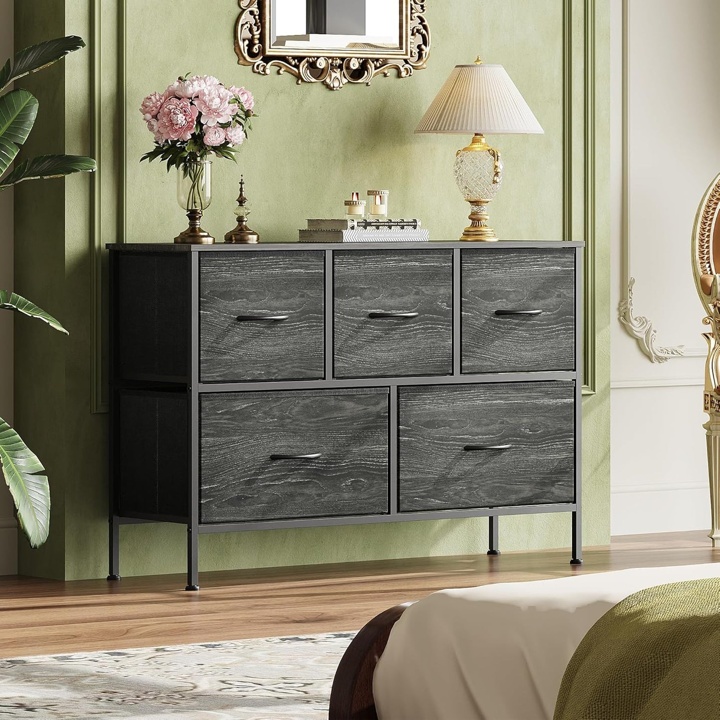 WLIVE Dresser for Bedroom with 5 Drawers, Long Storage Dresser, Fabric Dressers, Storage Drawer Unit with Fabric Bins for Closet, Hallway, Charcoal Black Wood Grain Print, Size L