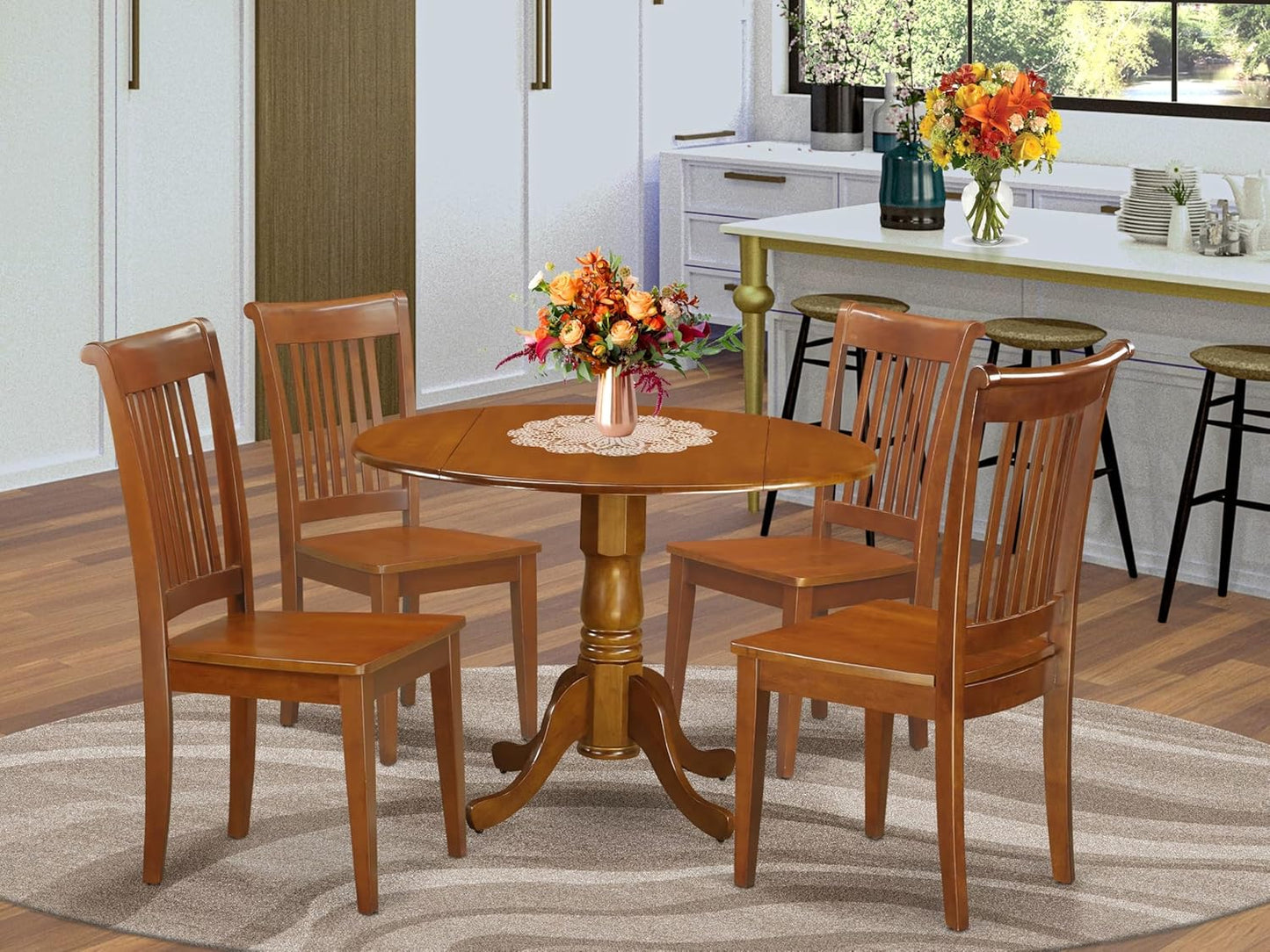 East West Furniture DLPO5-SBR-W 5 Piece Kitchen Table & Chairs Set Includes a Round Dining Table with Dropleaf and 4 Dining Room Chairs, 42x42 Inch, Saddle Brown