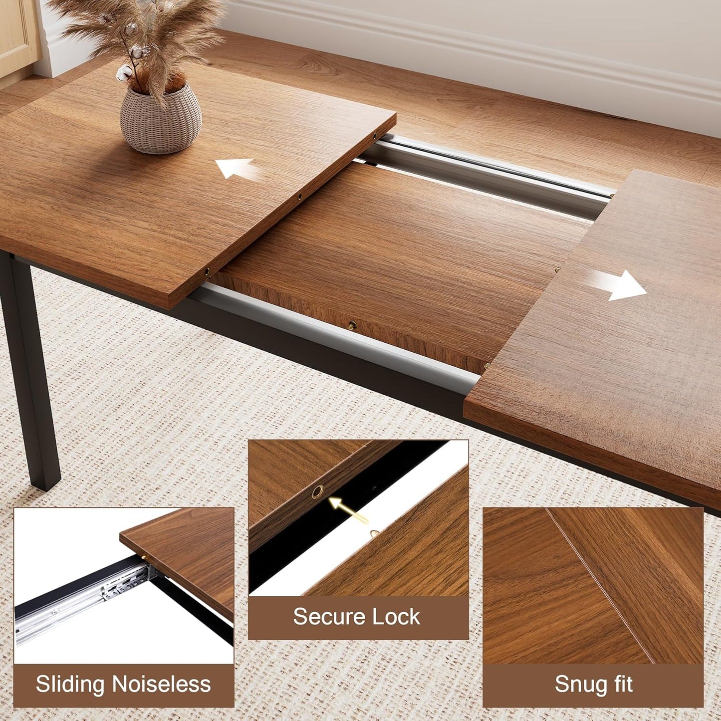 5 Pieces Dining Room Table Set for 4-6, 63" Extendable Kitchen Table Set with 2 Benches & 2 Stools, Small Dining Table Set with Metal Frame & MDF Board, Walnut