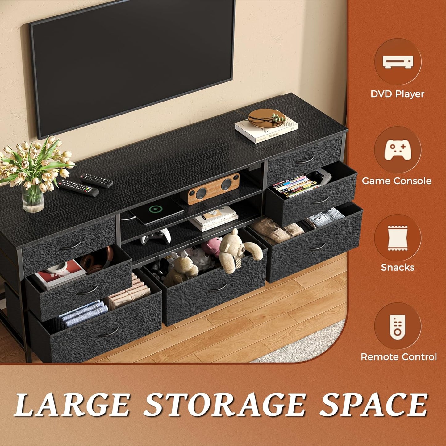 Huuger Dresser for Bedroom With Power Outlets and LED Lights, 7 Drawers TV Stand for 60 Inch TV, Console With Open Shelf, 55 Inches Wide Black, PU Leather