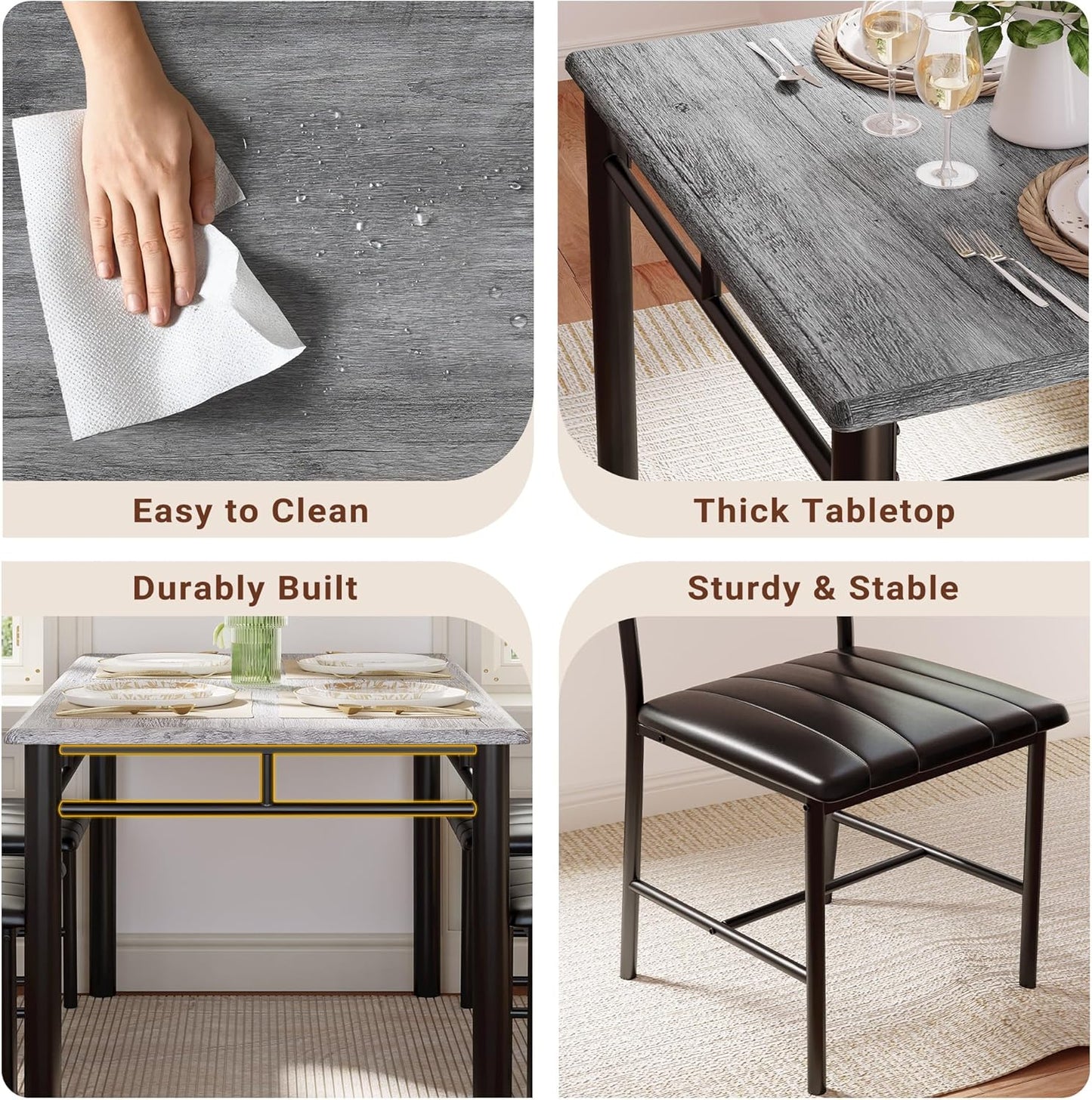 IRONCK Dining Table Set for 4, Wood Kitchen Table with Upholstered Chairs for Kitchen Room and Small Spaces, Grey