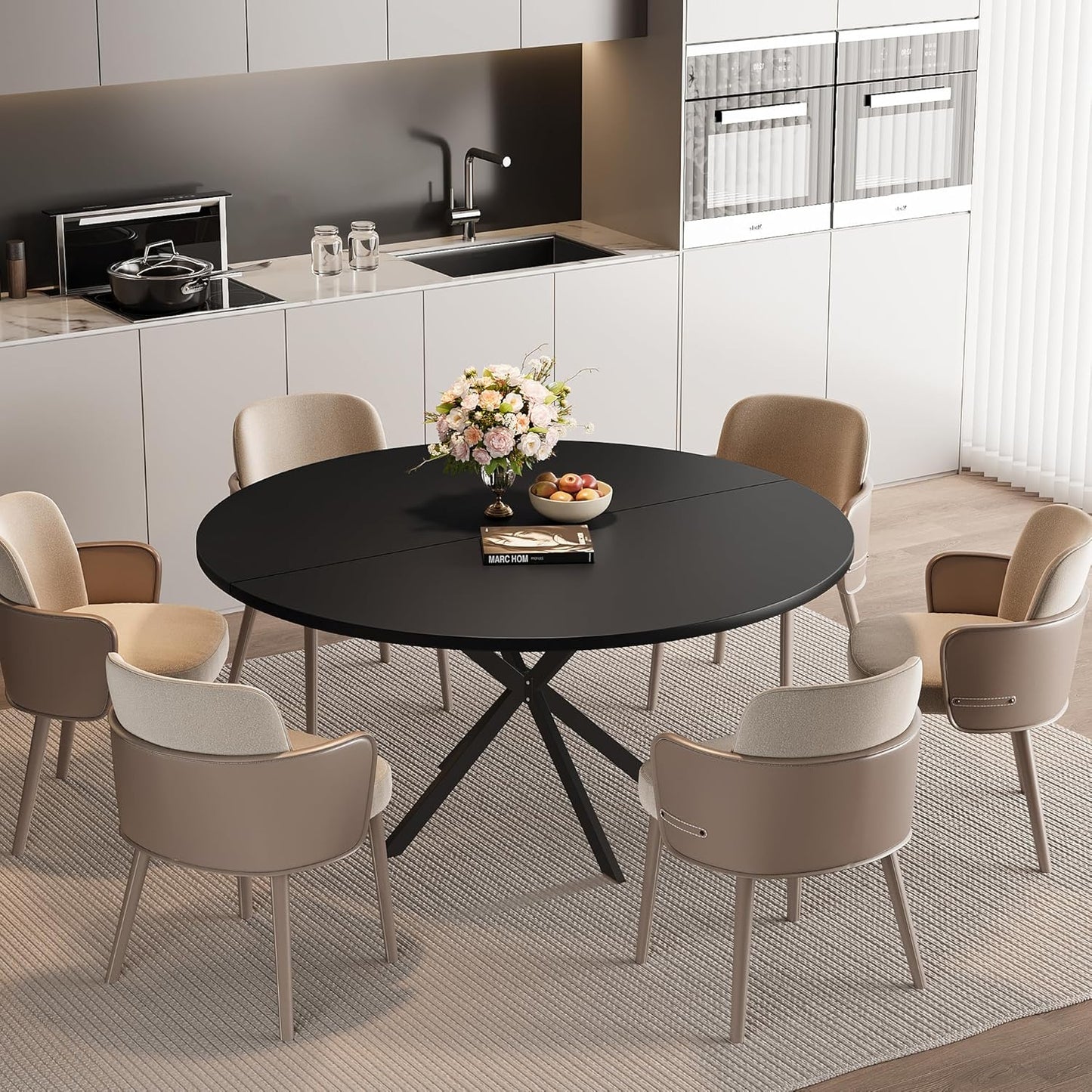 47.24" Round Dining Table for 4-6 Person, Round Kitchen Table with Wood Top, Circle Dinner Pedestal Tables with Metal Legs for Dining Room Kitchen (Black)