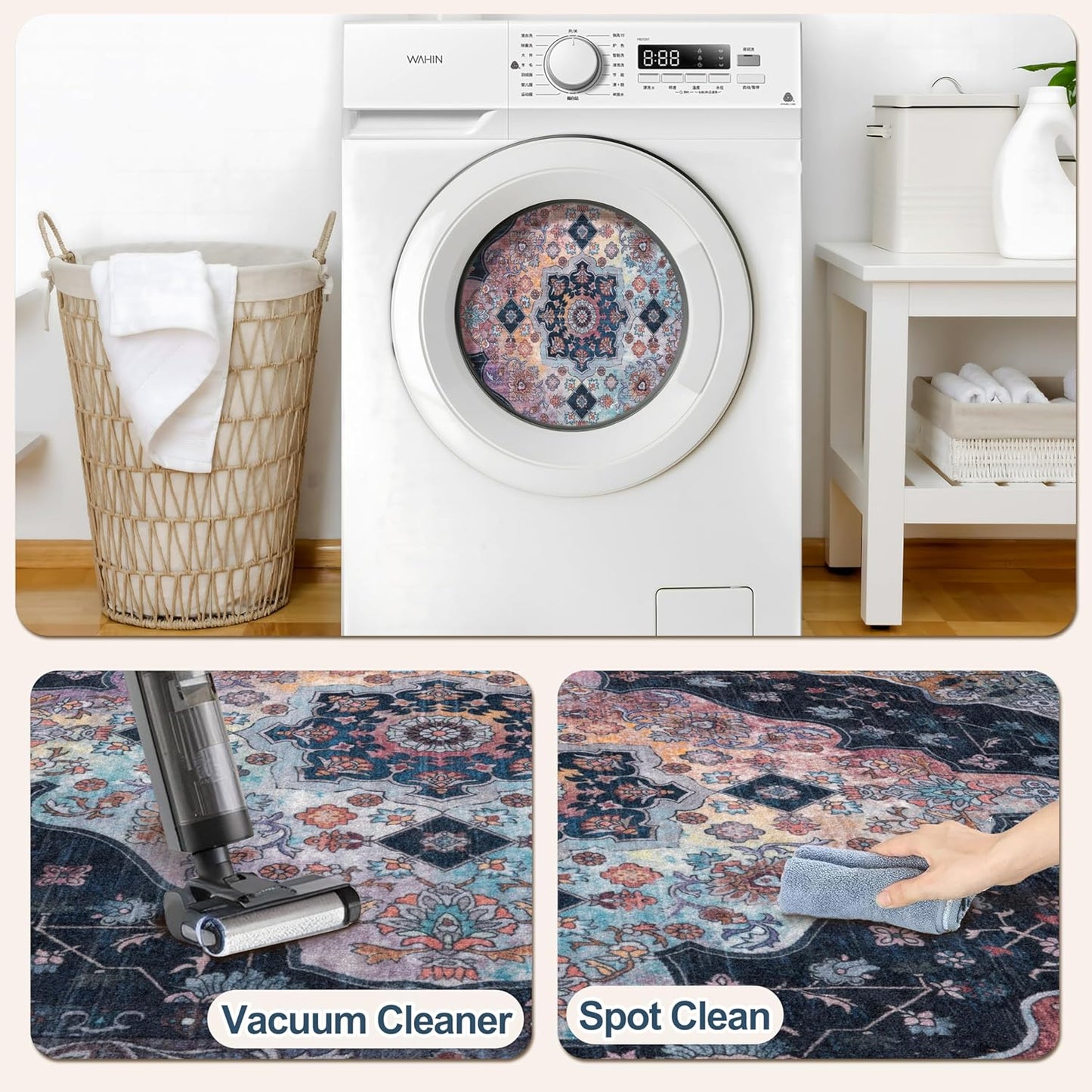 Tangsoo 4x6 Vintage Area Rug with Non Slip Backing, Machine Washable Rug Low Pile Living Room Rugs for Bedroom, Dining Room, Office, Navy/Multi Print Distressed Floor Carpets