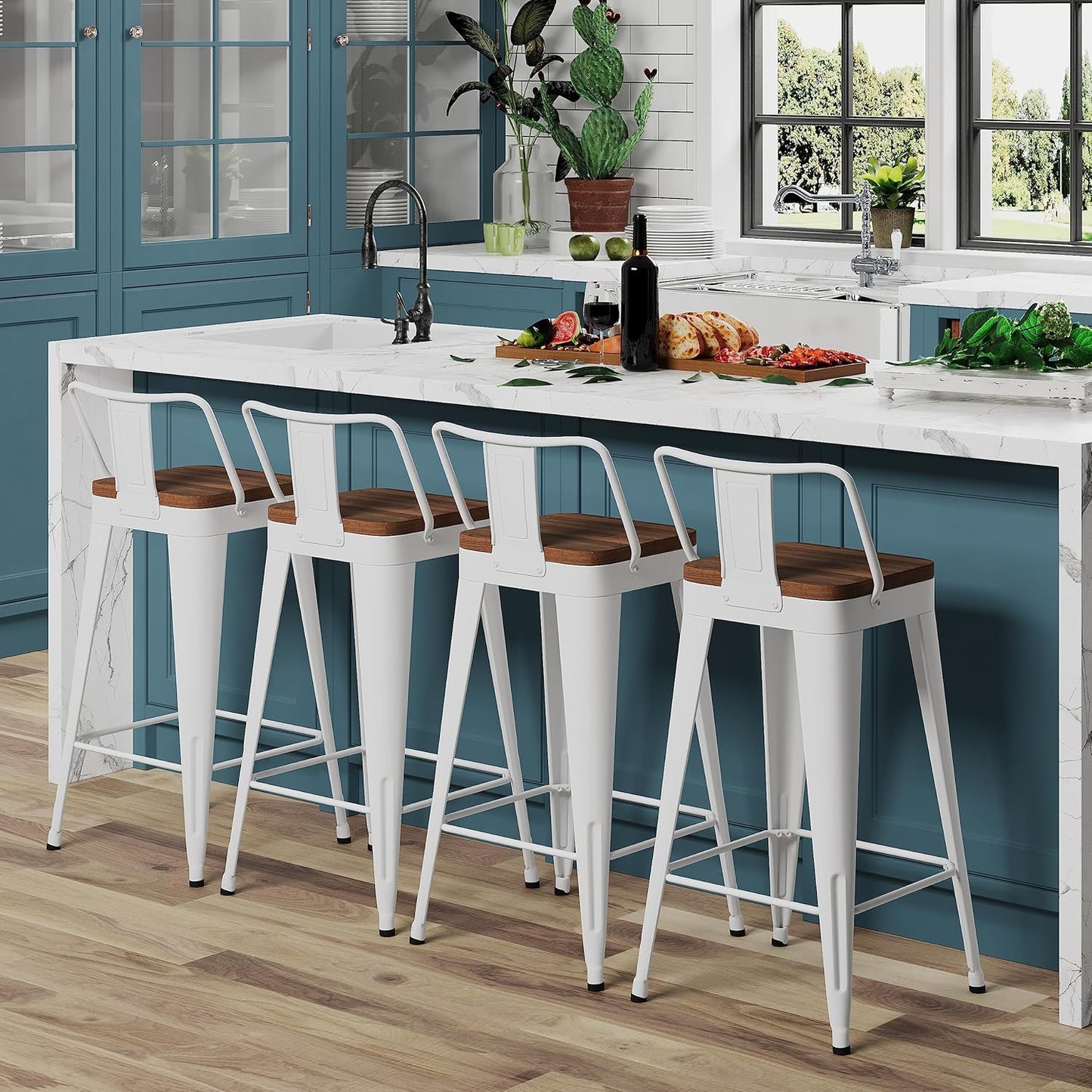 WENTMENT Metal Bar Stools Set of 4 Counter Height Stools Barstools with Removable Back 24" Kitchen Bar Stools with Wooden Seat, White