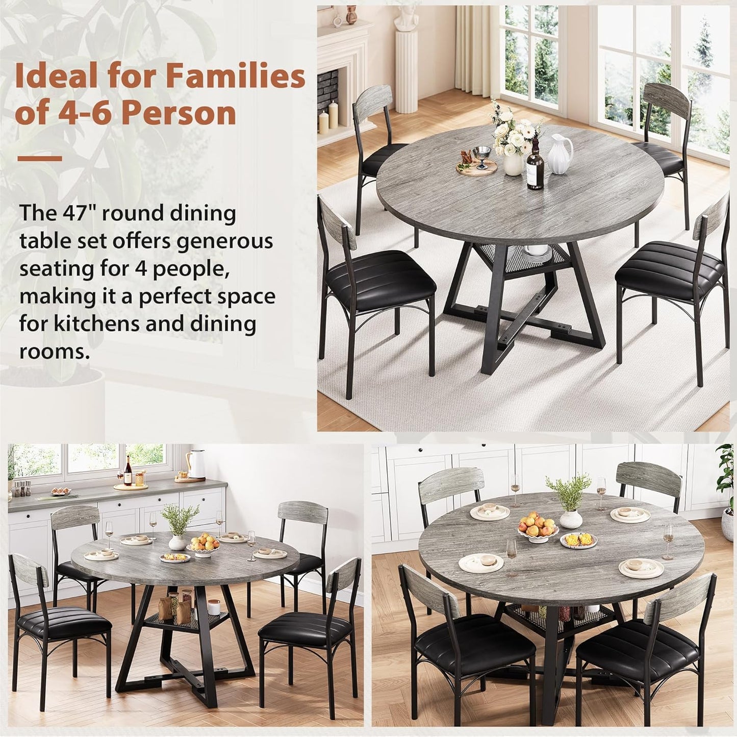 Round Dining Table Set for 4, Kitchen Table and Chairs for 4, Circle Table Round Pedestal Dining Room Dinner Dinette Table Set,5 Piece Space Saving Wood Kitchen & Dining Room Tables (Grey, 47In)