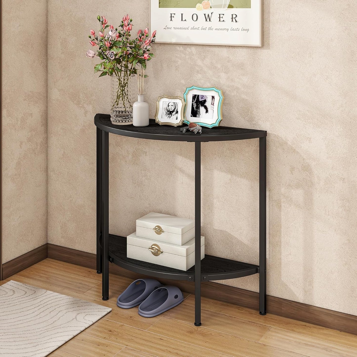 Console Table 2 Tier Narrow Entryway Table with Storage,Half Moon Sofa Couch Table with Metal Frame,Wooden Accent Side Coffee Table for Living Room/Hallway or Small Spaces,Black