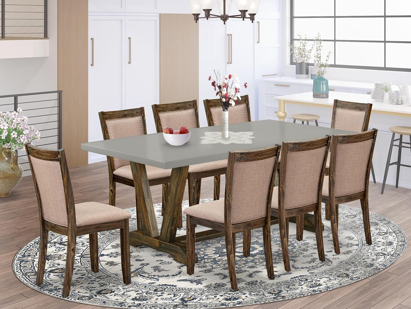 East West Furniture V797MZ716-9 9 Piece Dining Room Table Set Includes a Rectangle Kitchen Table with V-Legs and 8 Dark Khaki Linen Fabric Parson Dining Chairs, 40x72 Inch, Multi-Color