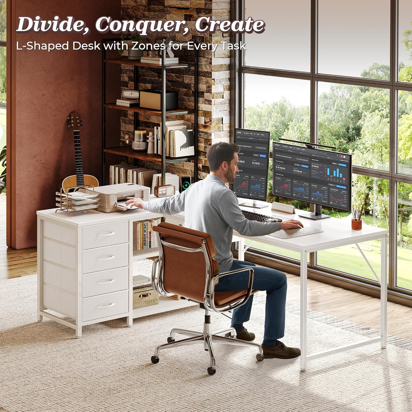 PRAISUN 53" L Shaped Desk with Power Outlets and USB-C Port, Reversible Computer Corner Office Desk with 4 Fabric Drawers and 2 Height-Adjustable Shelves, Large for Gaming Writing Work Study, White