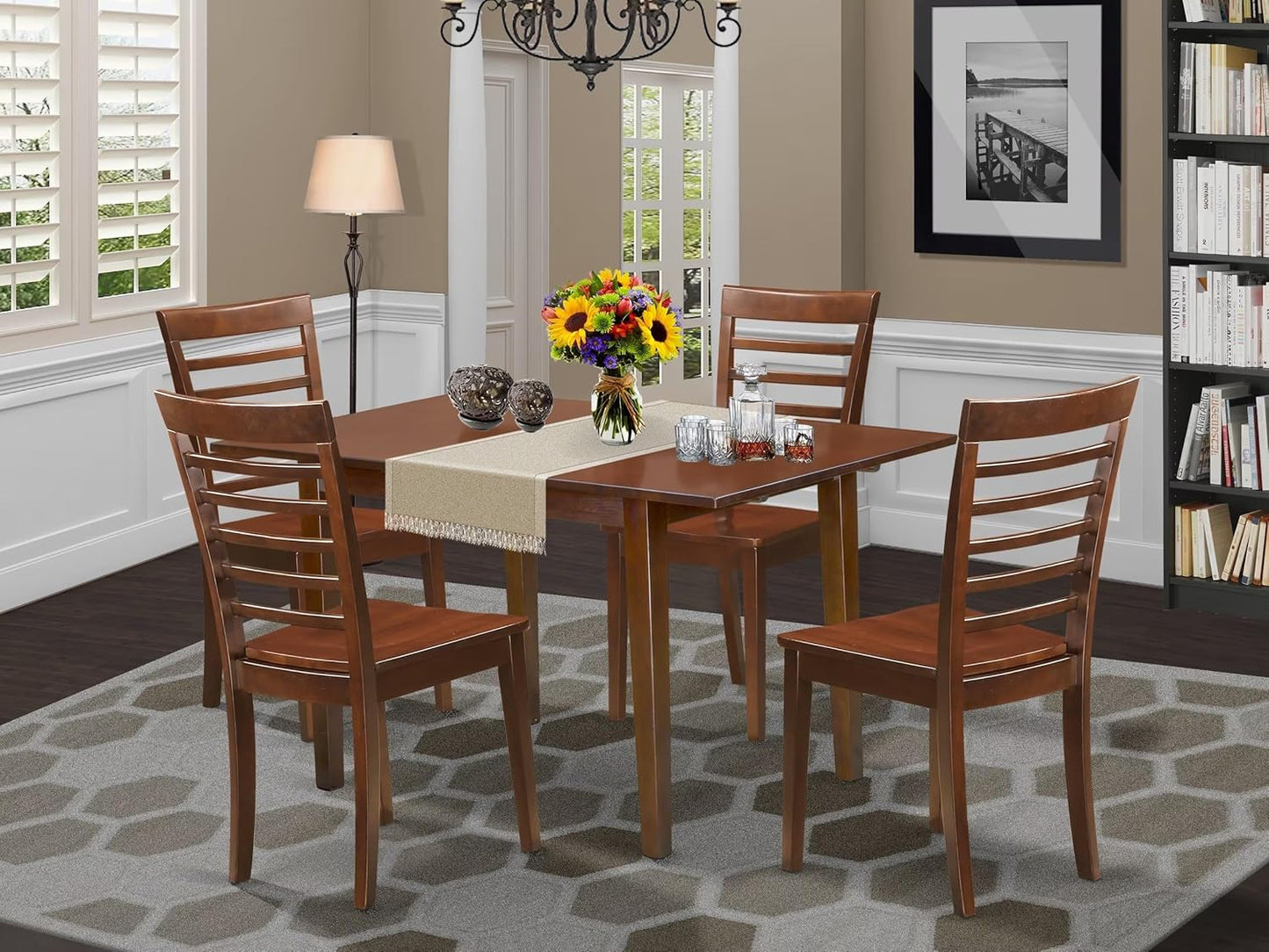 East West Furniture NOML5-MAH-W 5 Piece Dining Set Includes a Rectangle Dining Room Table with Butterfly Leaf and 4 Wood Seat Chairs, 32x54 Inch, Mahogany